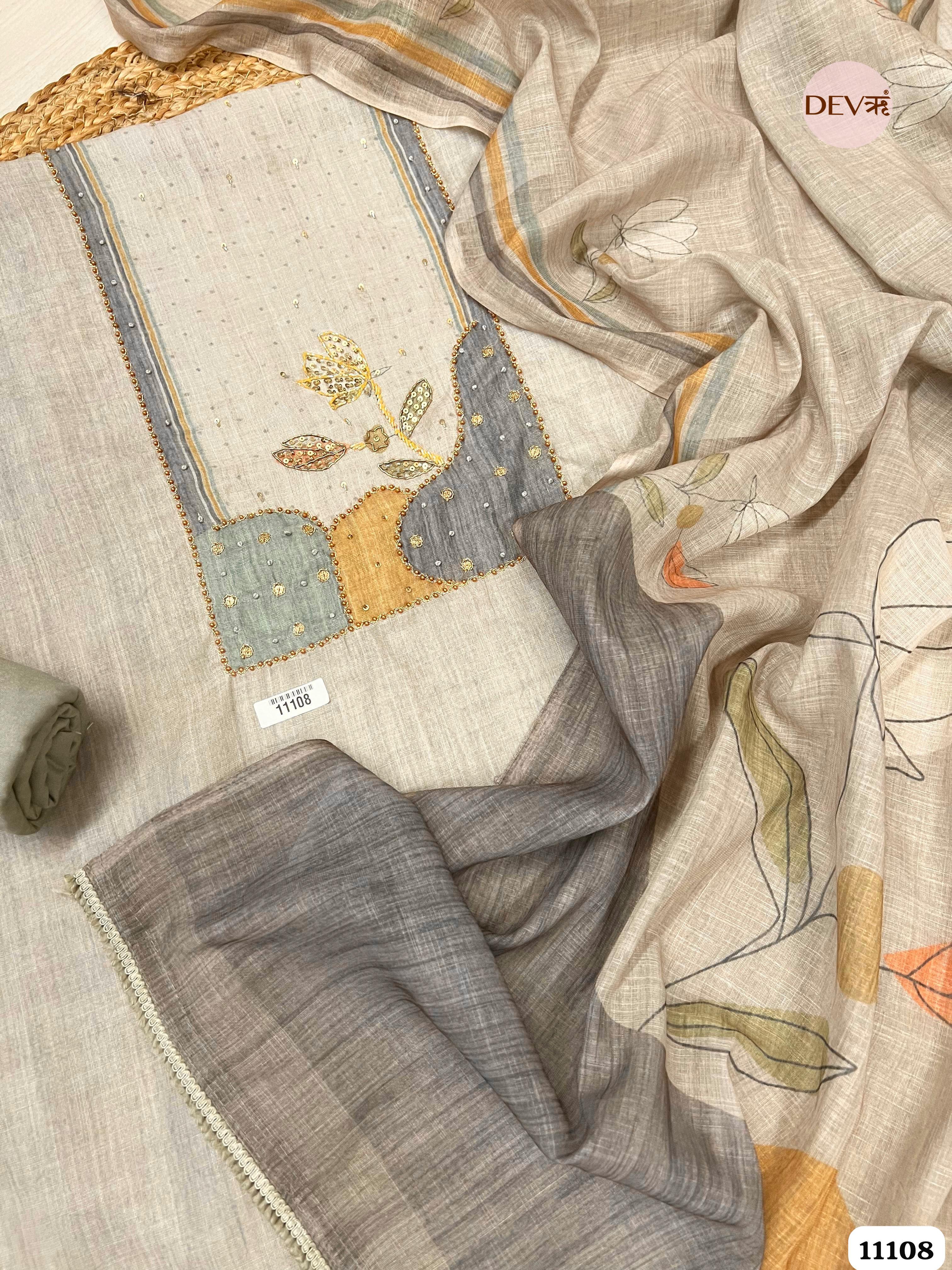 Grey Linen Unstitched Printed Hand Embidered -Set Of 3 {11108}
