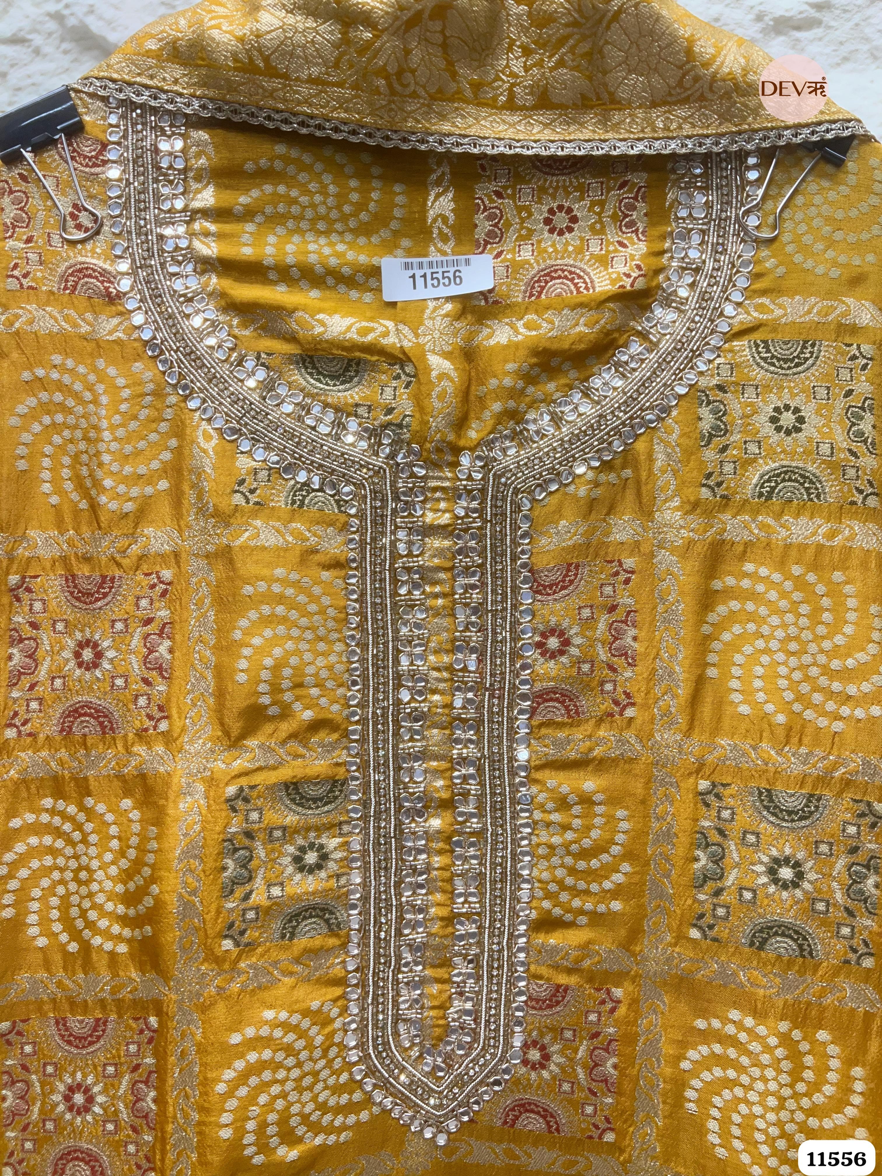 Mustard Yellow Pure Banarasi Silk Woven Unstitched Hand Embroidered -Set Of 3 {11556}