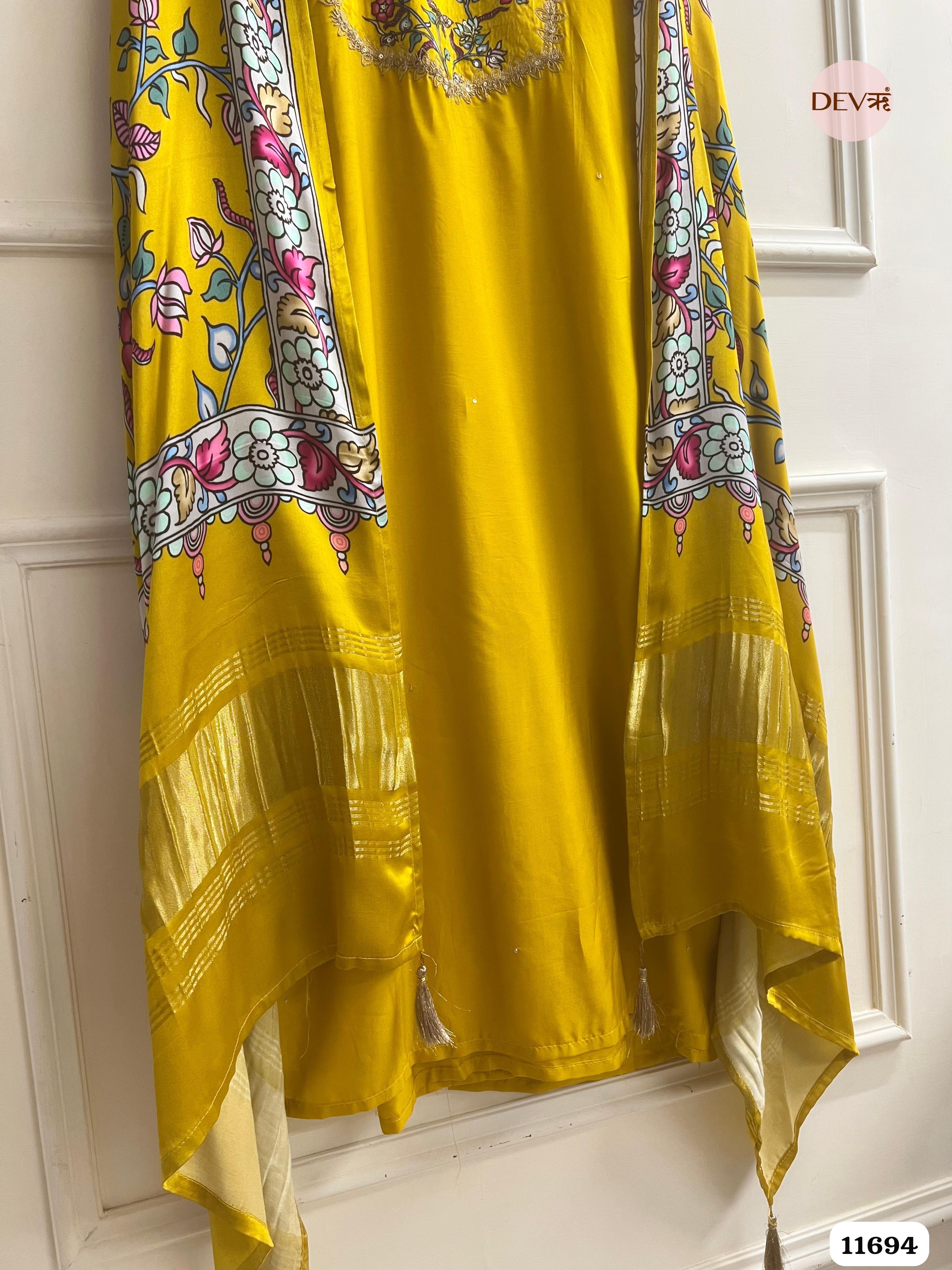Yellow Russian Silk Unstitched Embroidered -Set Of 3 {11694}