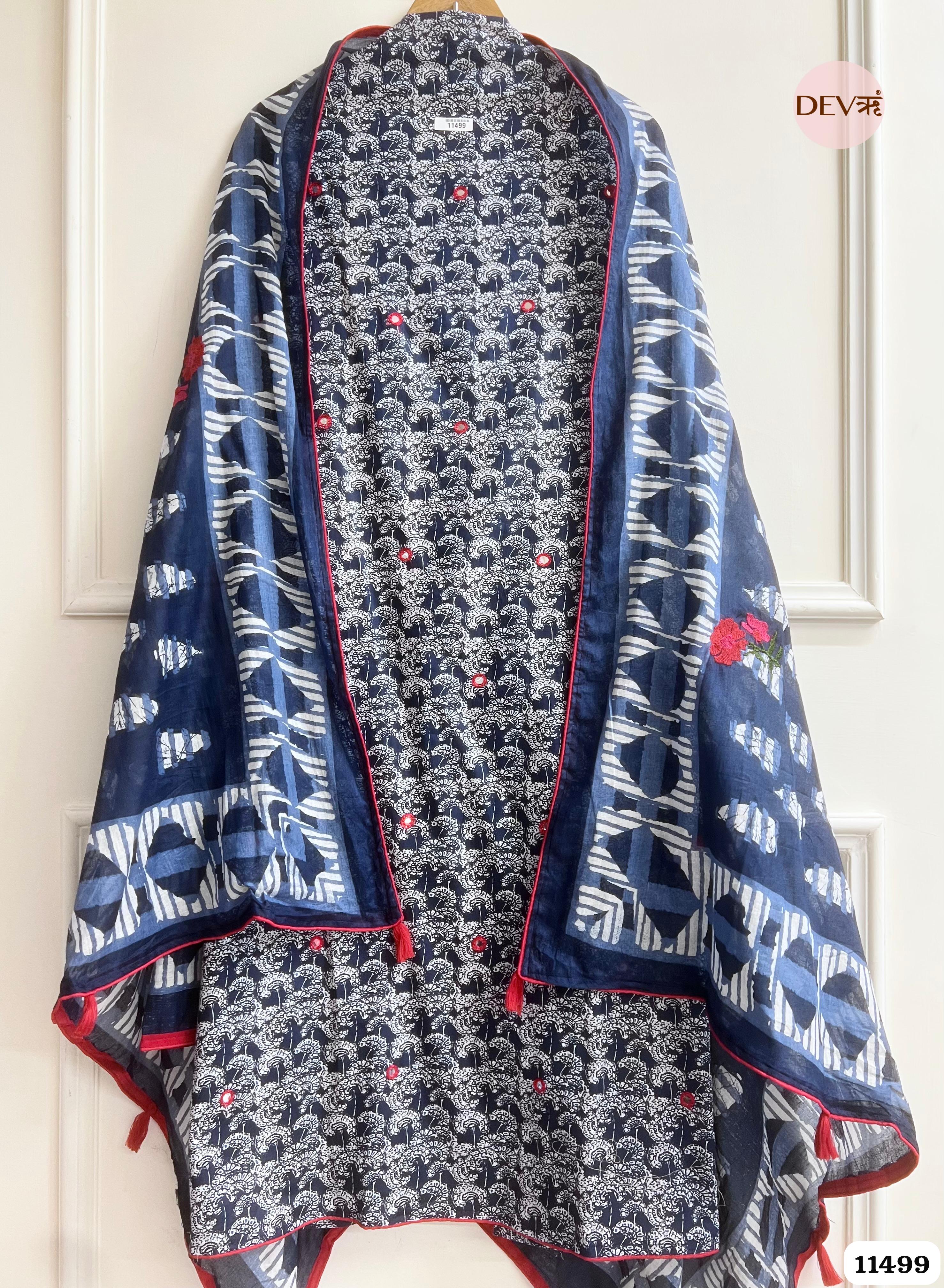 Dark Blue Mul Cotton Unstitched Printed Hand Embroidered -Set Of 3 {11499}