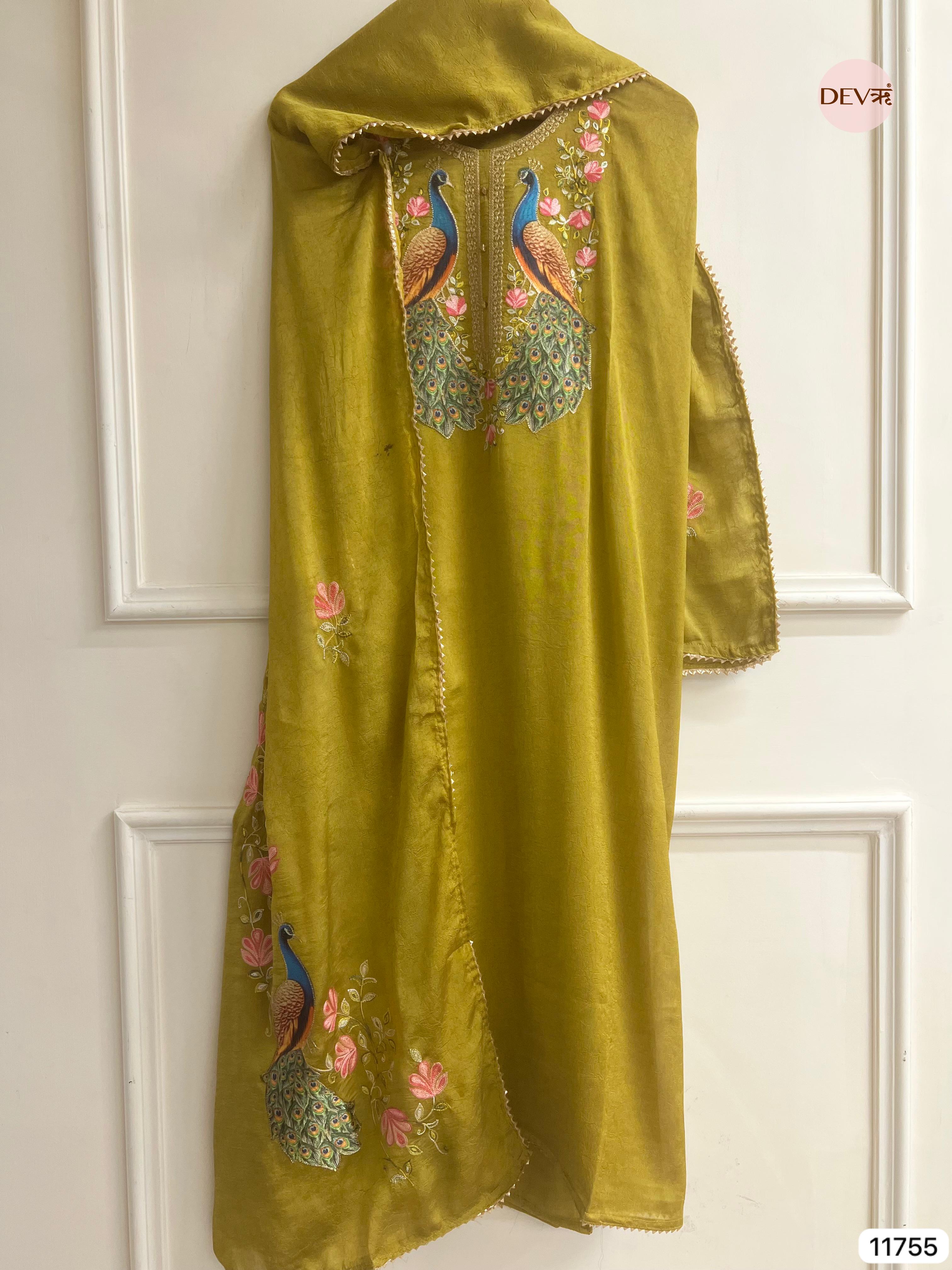 Olive Green Russian Silk Unstitched Hand Applique Work Embroidered -Set Of 3- {11755}