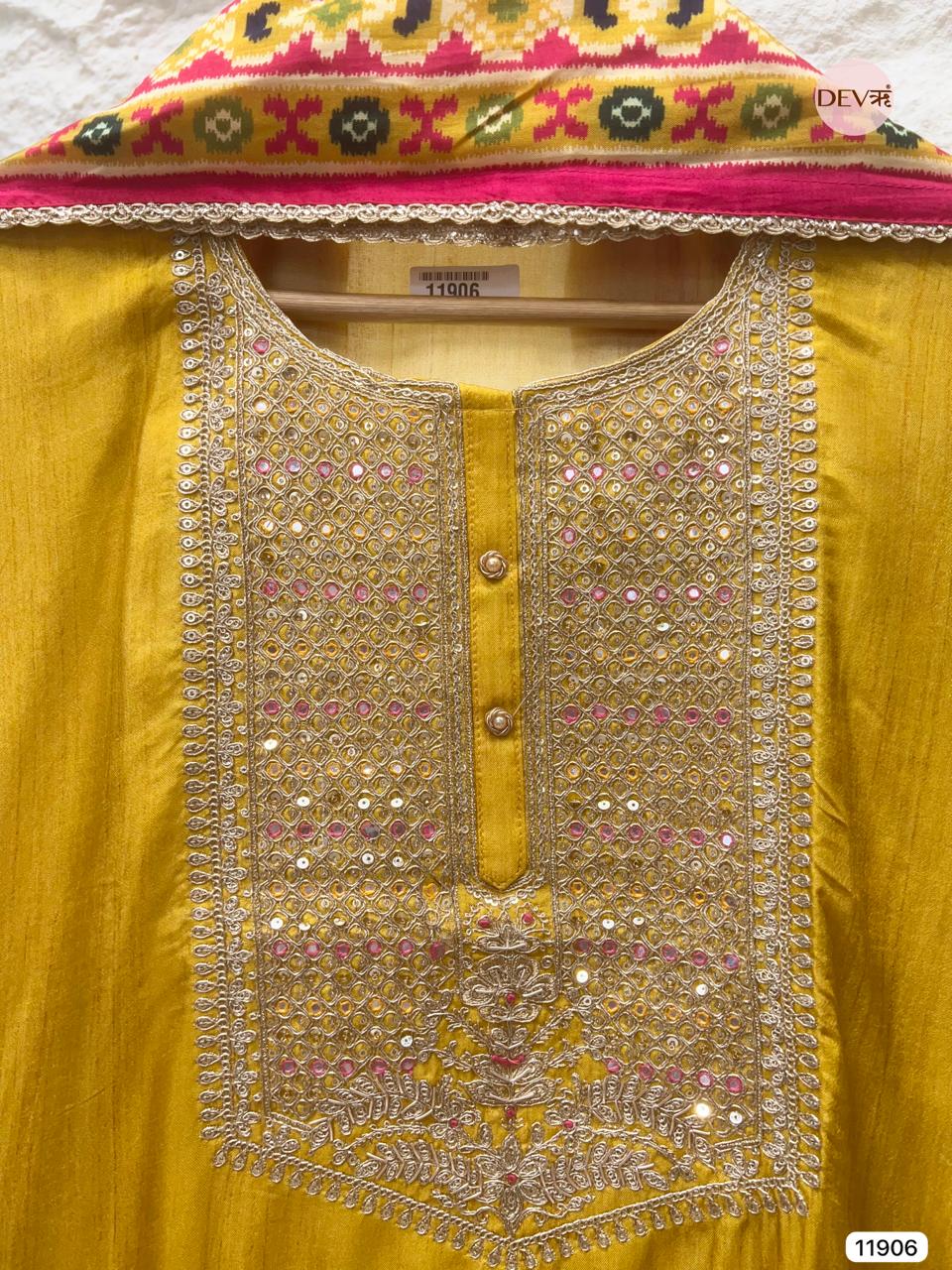Yellow Pure Russian Silk Unstitched Hand Embroidered -Set Of 3 - {11906}