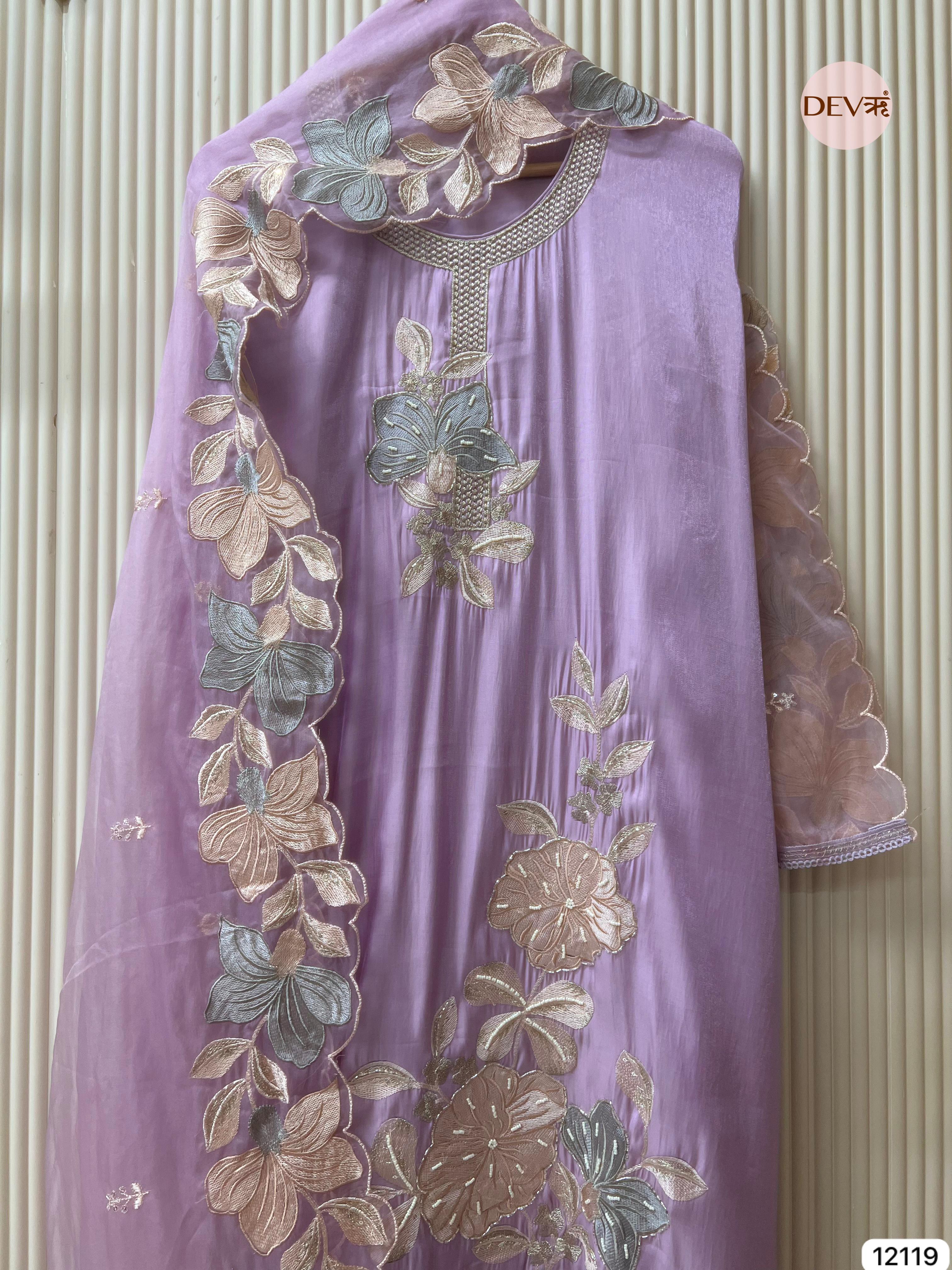 Light Purple Organza Silk Unstitched Hand Embroidered -Set Of 3 - {12119}