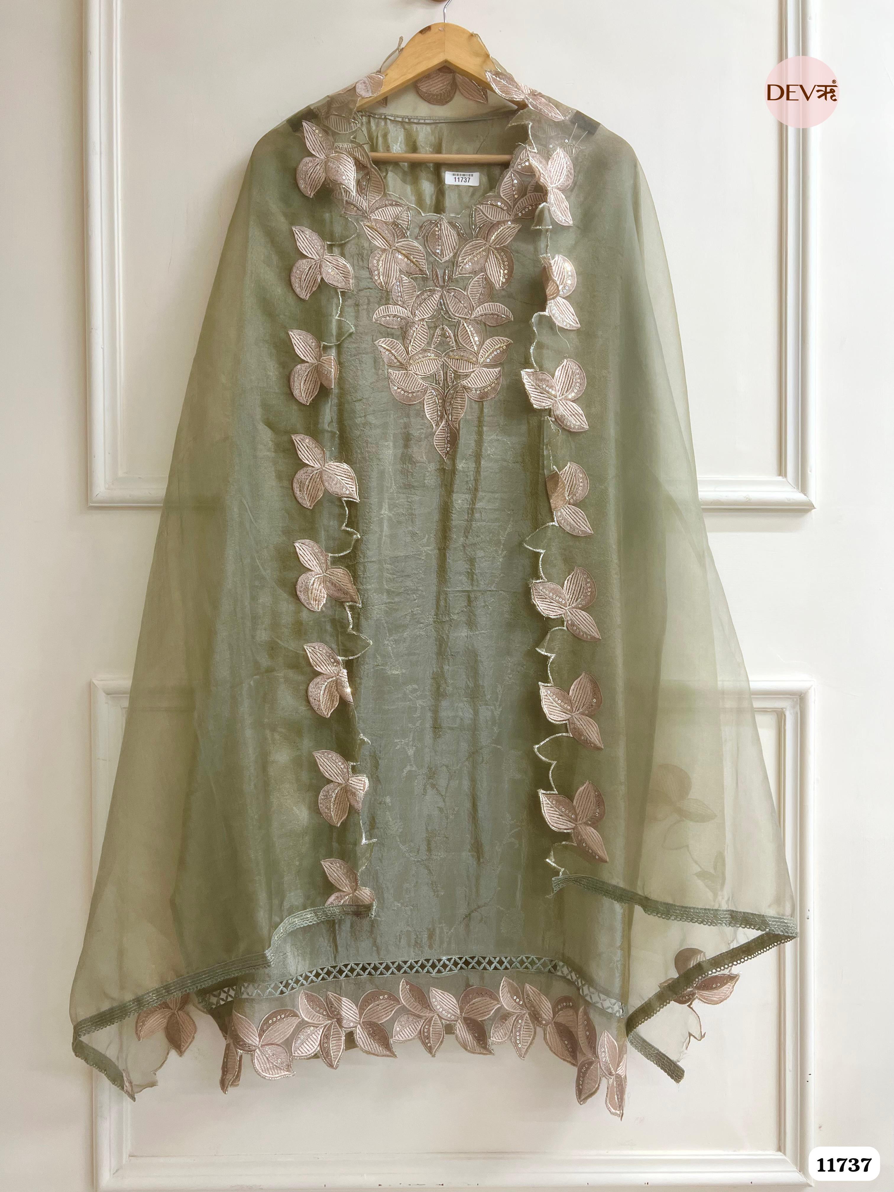 Green Tissue Silk Woven Unstitched Embroidered -Set Of 3 {11737}