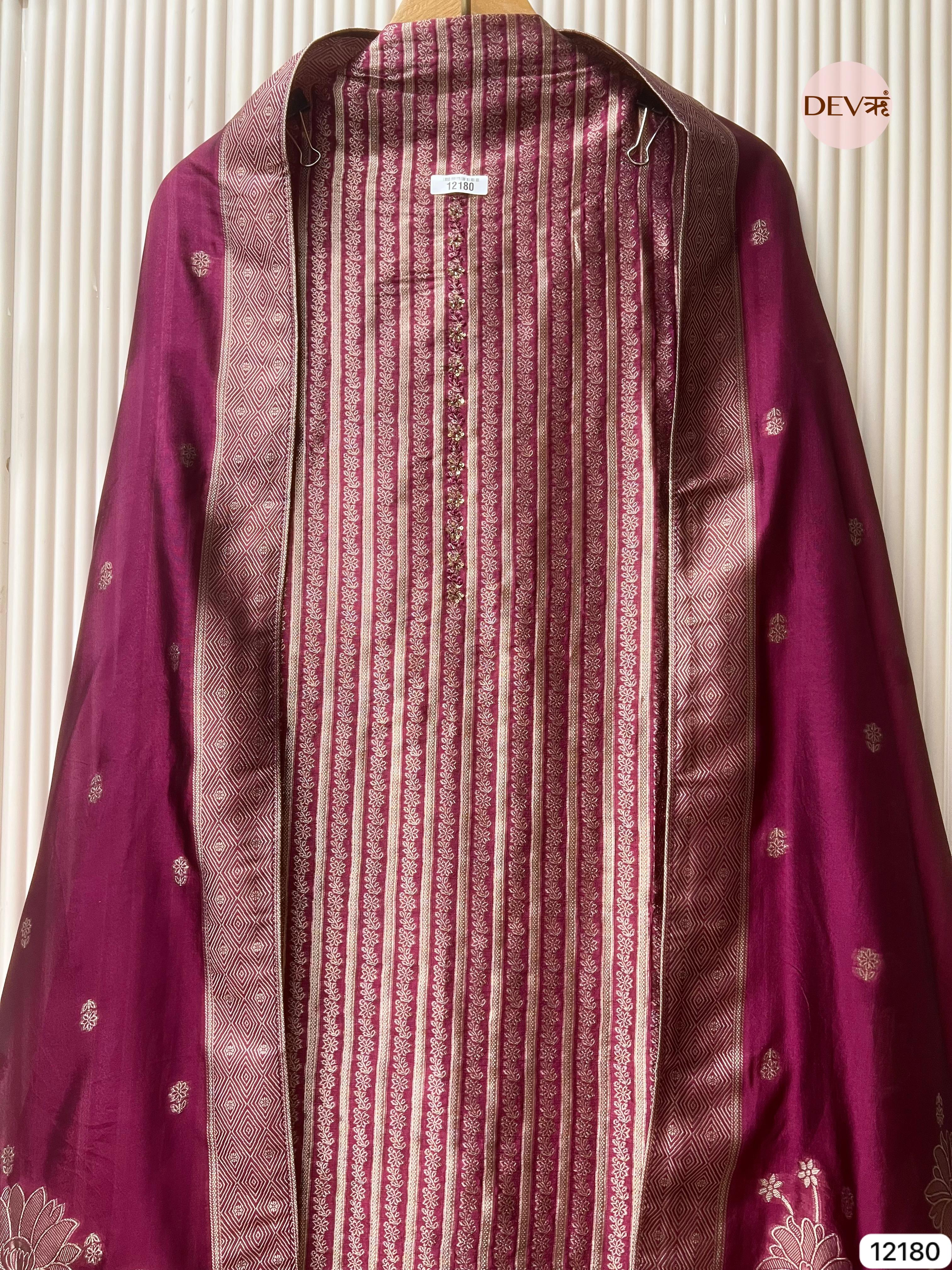 Maroon Pure Banarasi Silk Unstitched Hand Embroidered-Set of 3 - {12180}