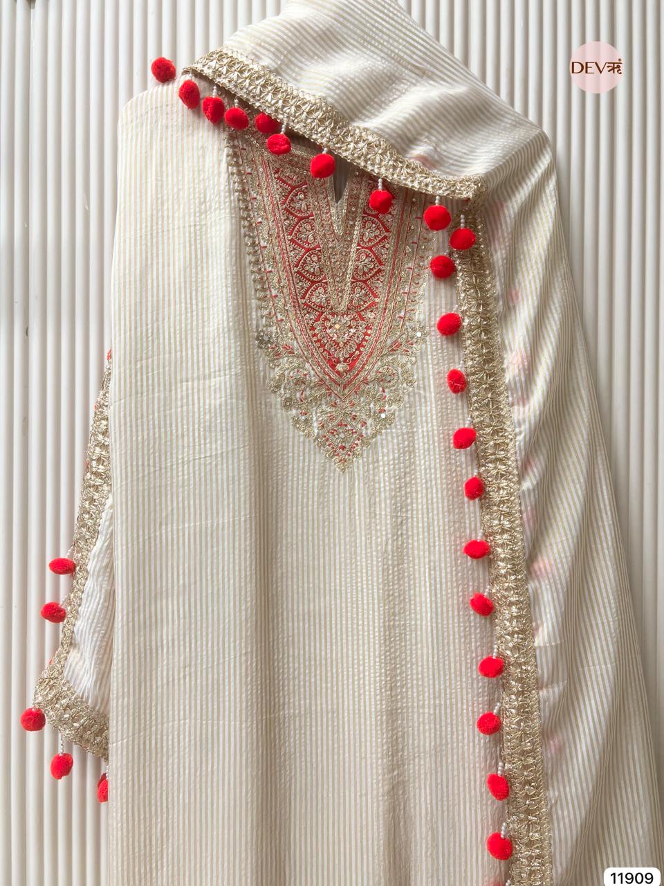 Cream Colour Tissue Shimmer Silk Unstitched Hand Embroidered -Set Of 3 - {11909}