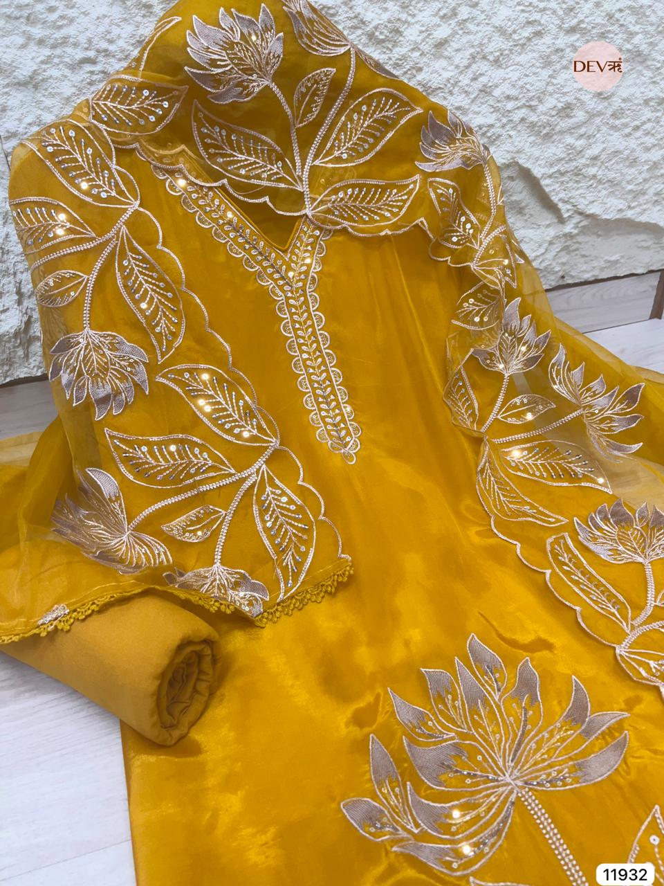 Yellow Glass Tissue Silk Unstitched Embroidered -Set Of 3 - {11932}