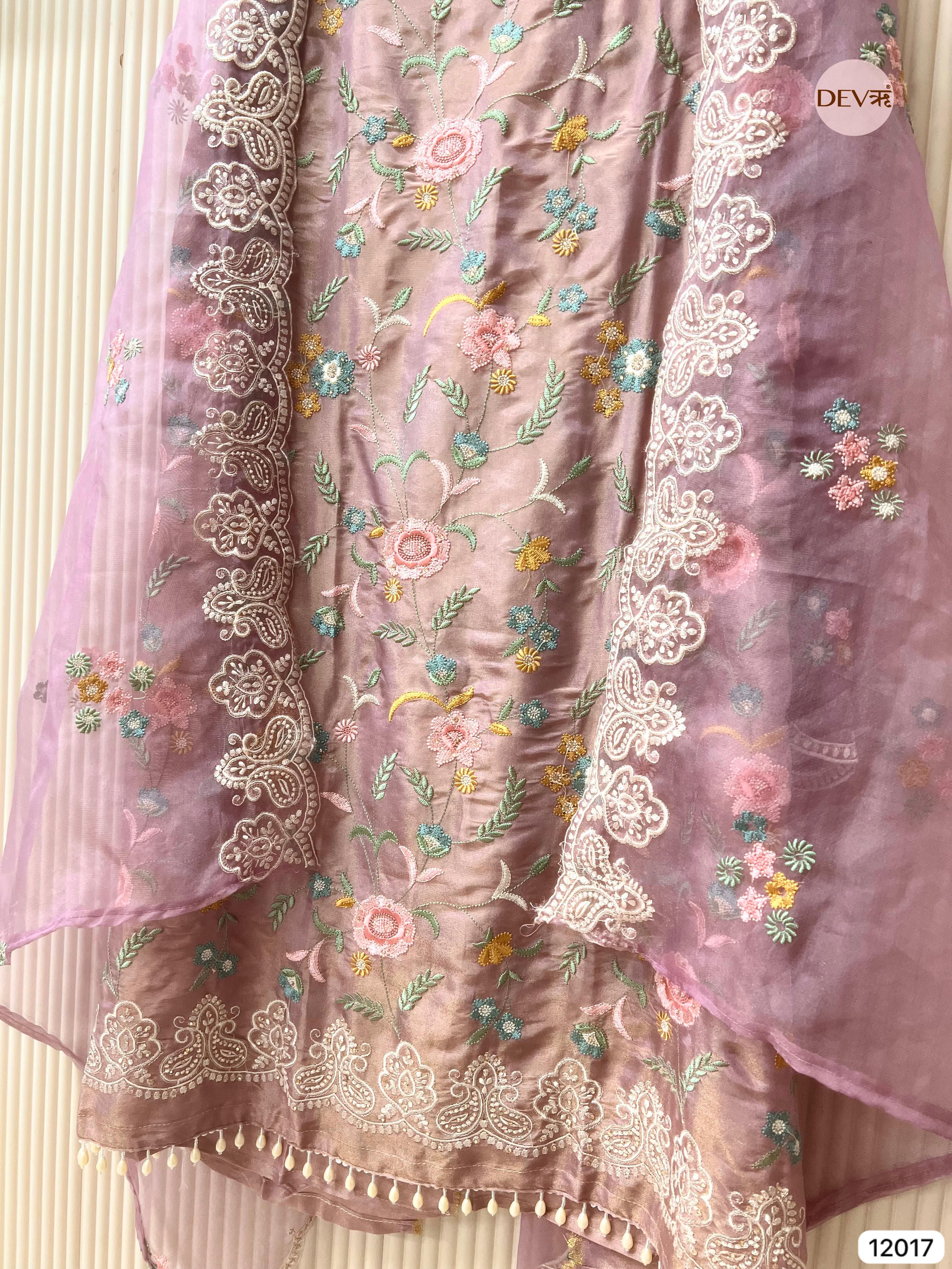 Light Purple Shimmer Tissue Silk Unstitched Embroidered -Set Of 3 - {12017}