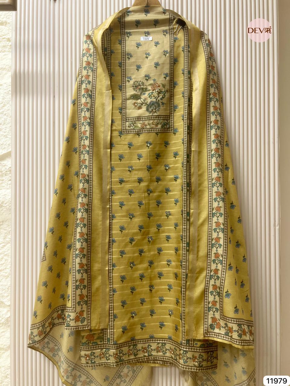 Mustard Pure Tusser Silk Printed Unstitched 3-Piece Suit (Devri – D.No 11979)