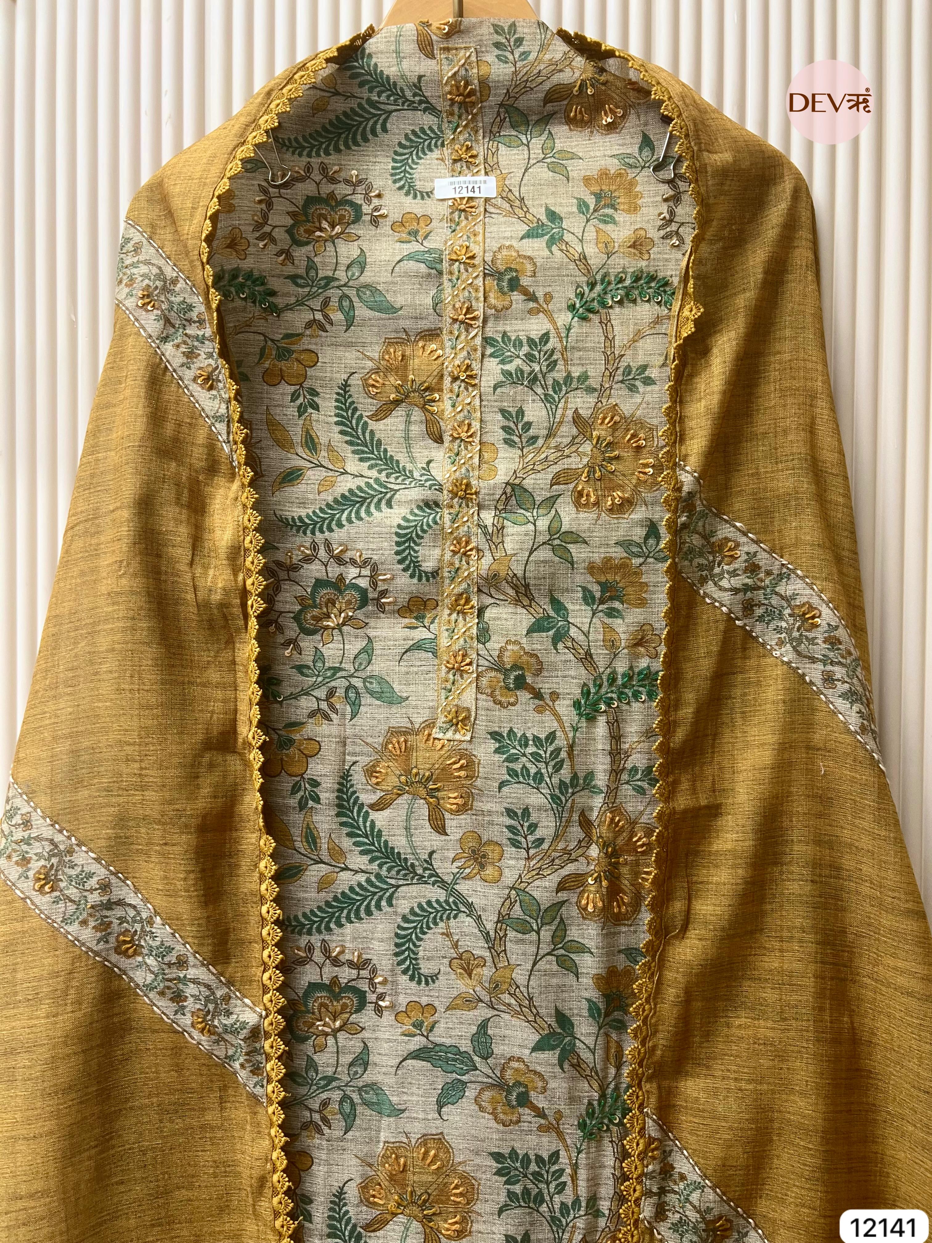 Mustard Yellow Pure Khadi Silk Unstitched Printed - Set Of 3 - {12141}