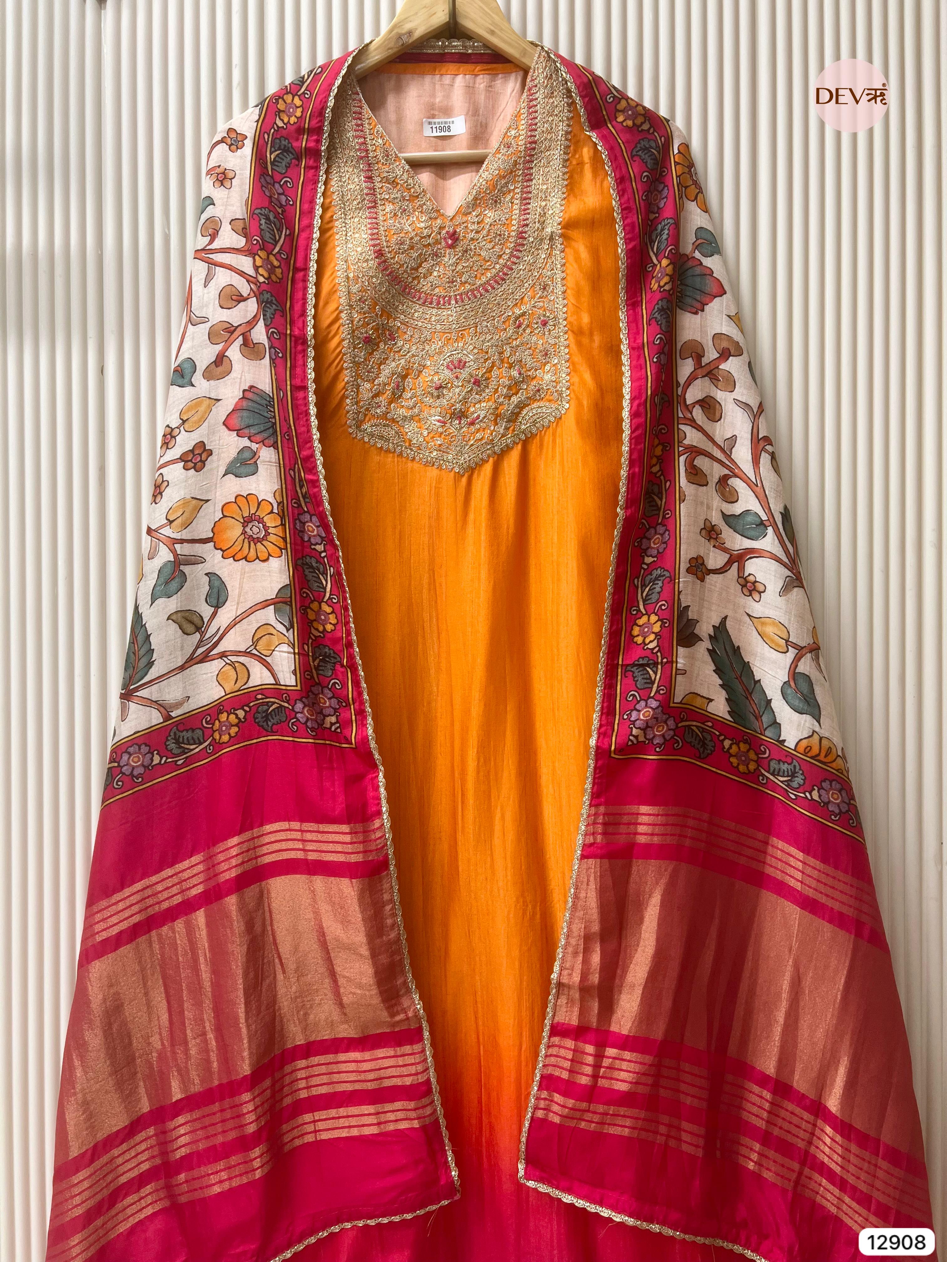 Orange Russian Silk Unstitched Embroidered -Set Of 3 - {11908}