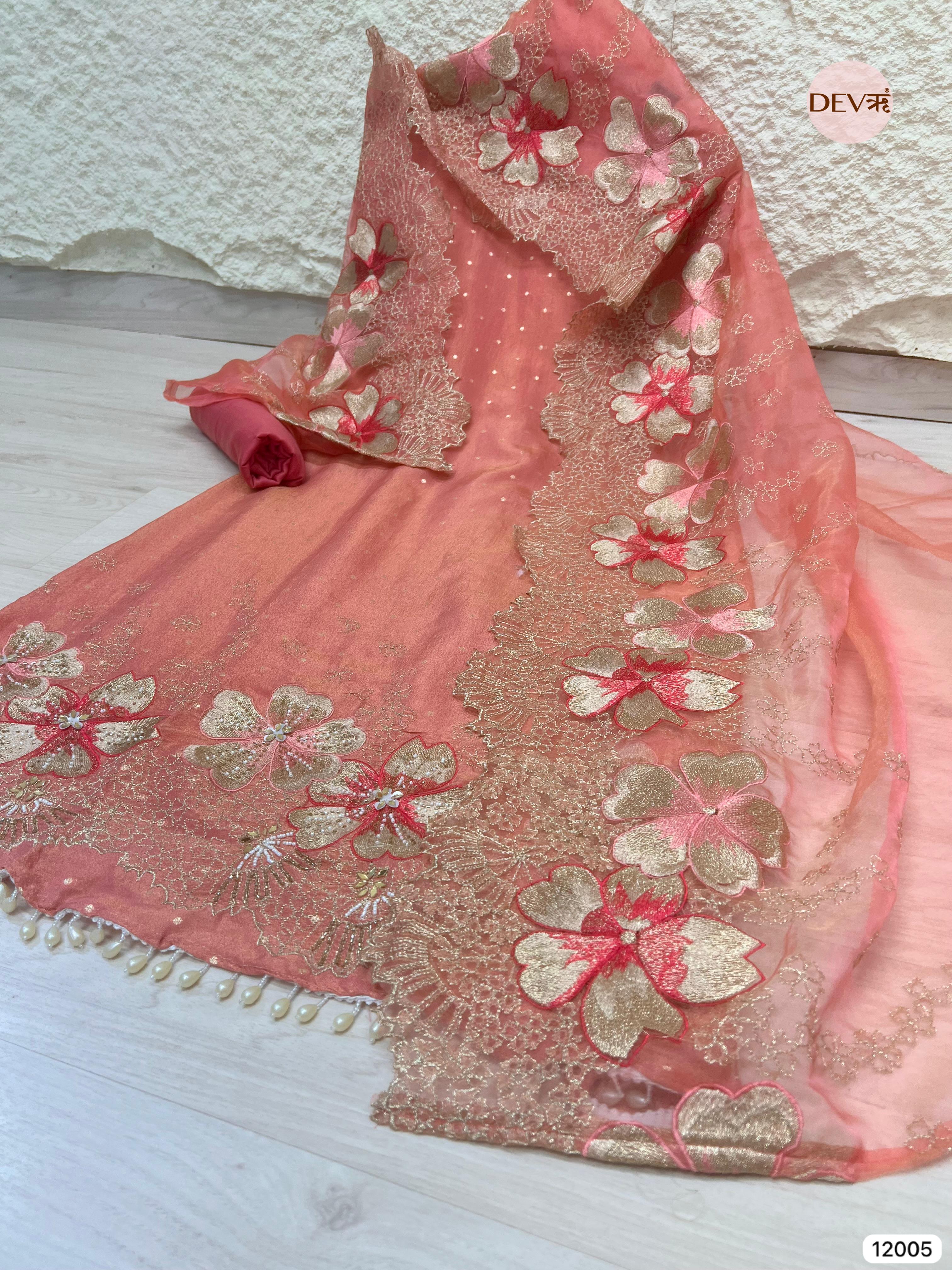 Light Pink Tissue Shimmer Silk Unstitched Embroidered -Set Of 3 - {12005}