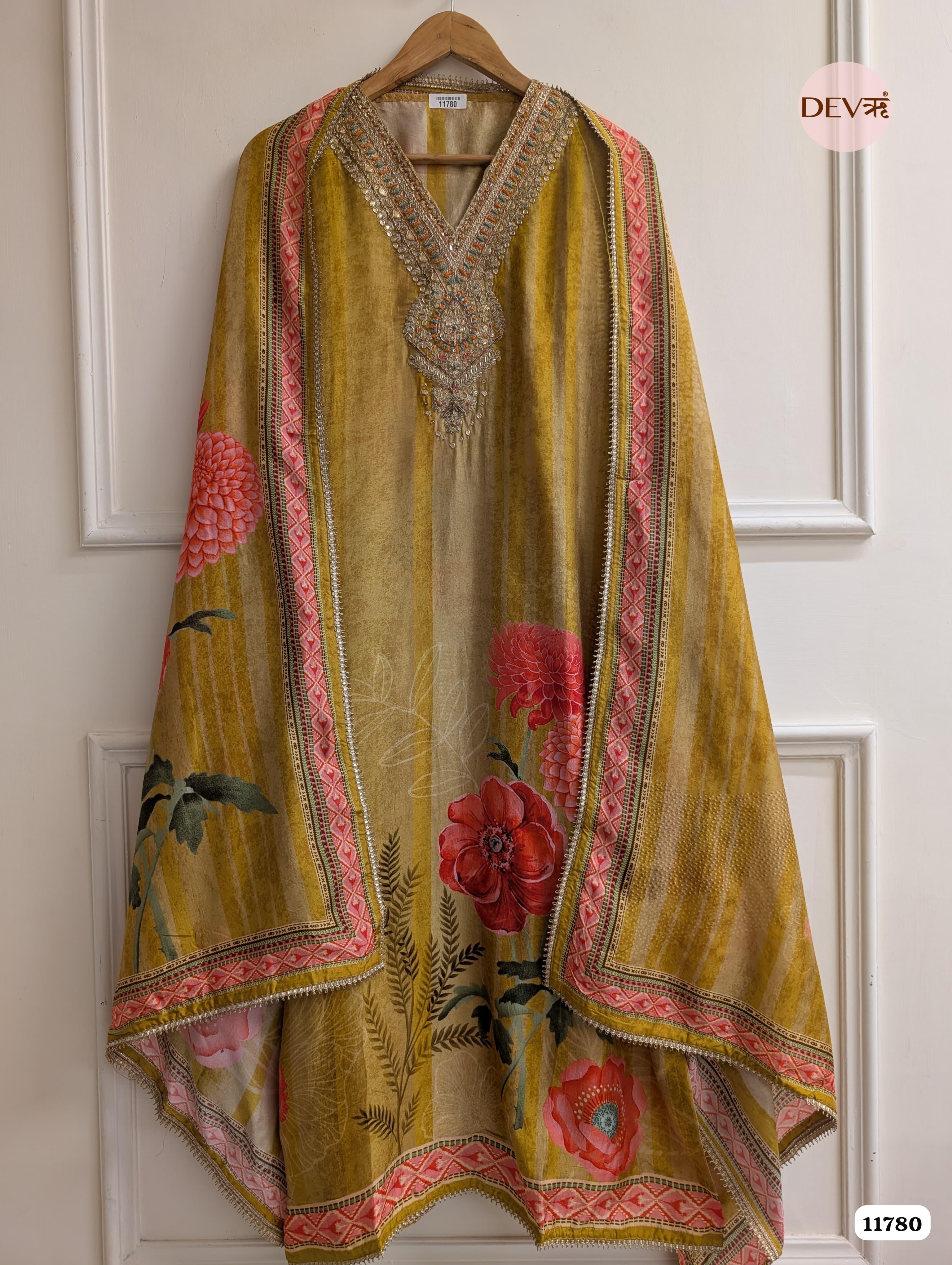 Yellow Russian Silk Printed Unstitched Hand Embroidered -Set Of 3 {11780}