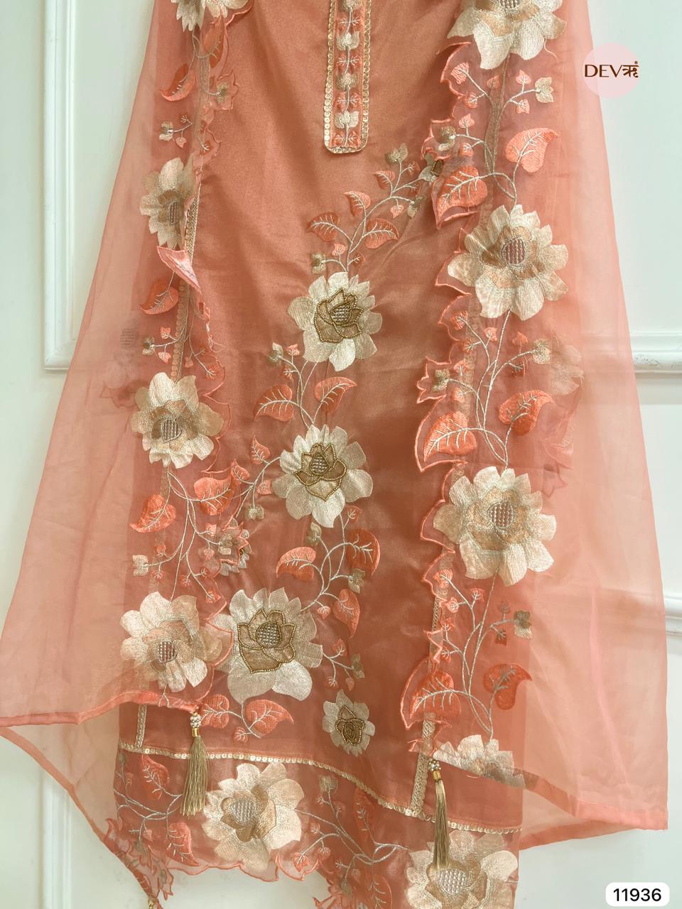 Orange Tissue Silk Unstitched Embroidered -Set Of 3- {11936}