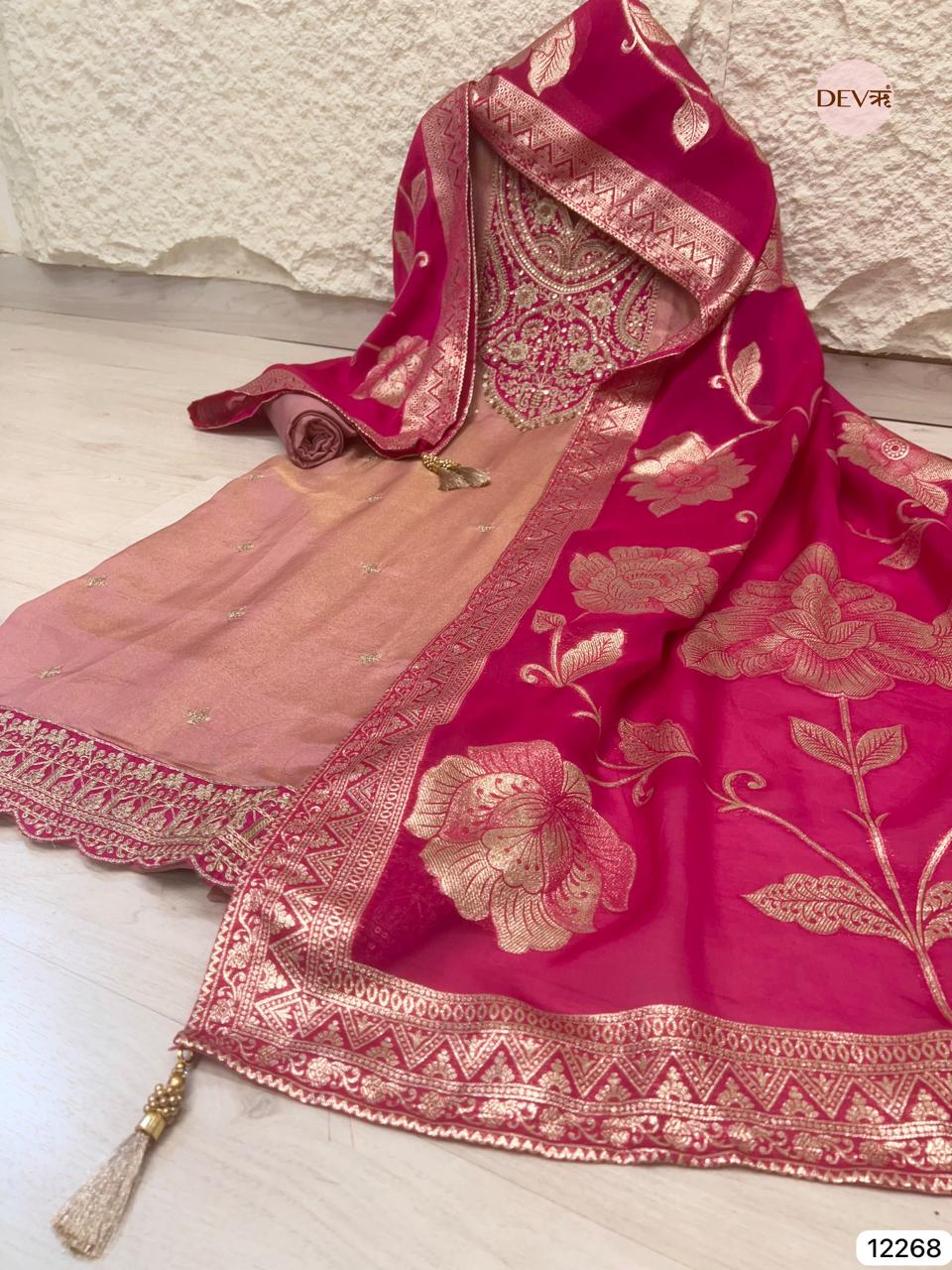 Rose–Rani Tissue Shimmer Silk Embroidered Unstitched 3-Piece Suit (Devri – D.No 12268)