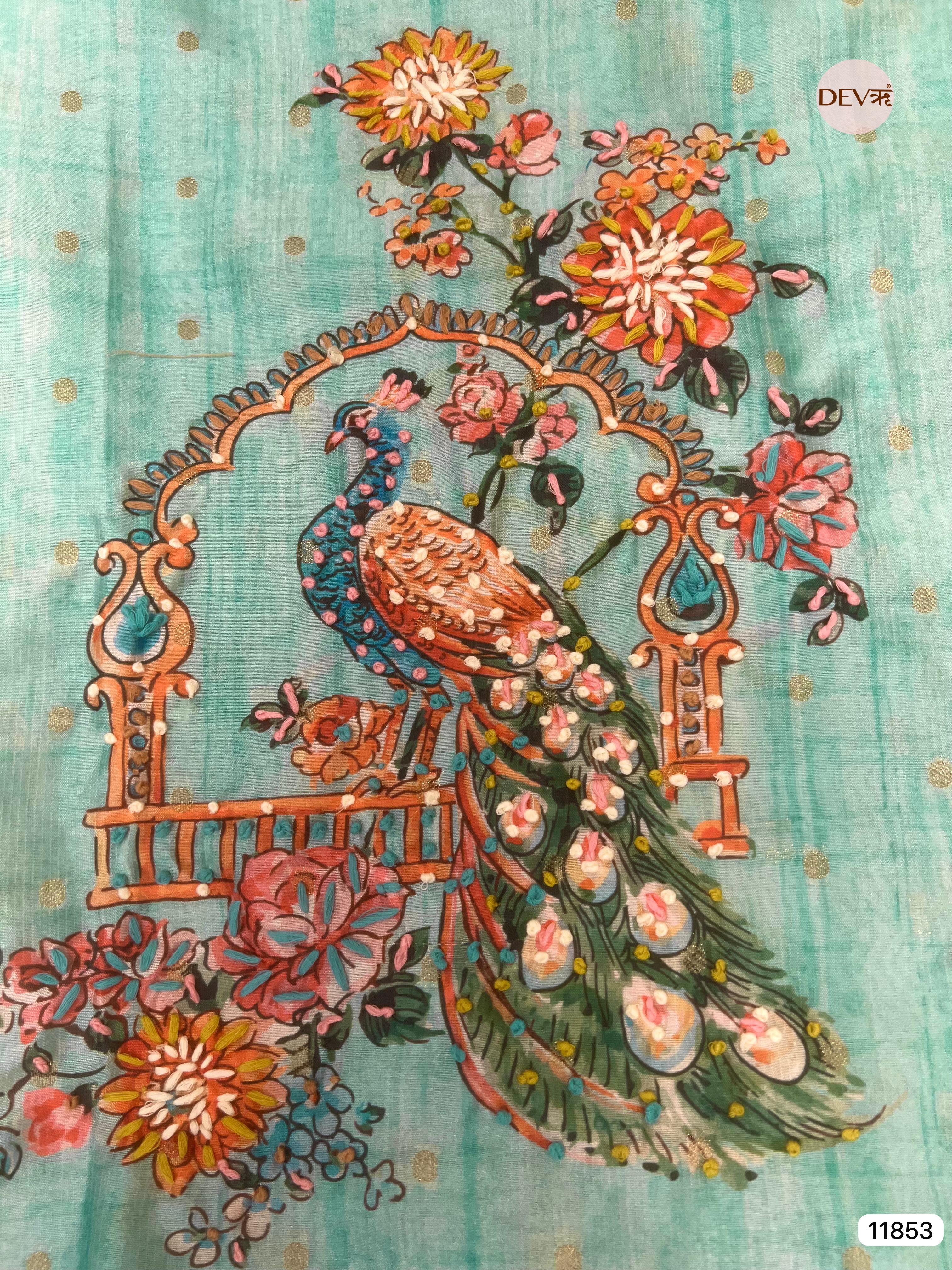 Light Blue Tusser Silk Unstitched Printed Hand Embroidered -Set Of 3- {11853}