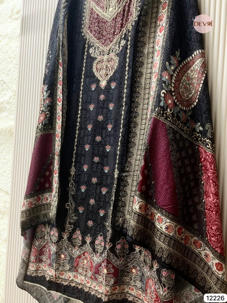 Black Pure Muslin Printed Unstitched 3-Piece Suit (Devri – D.No 12226)