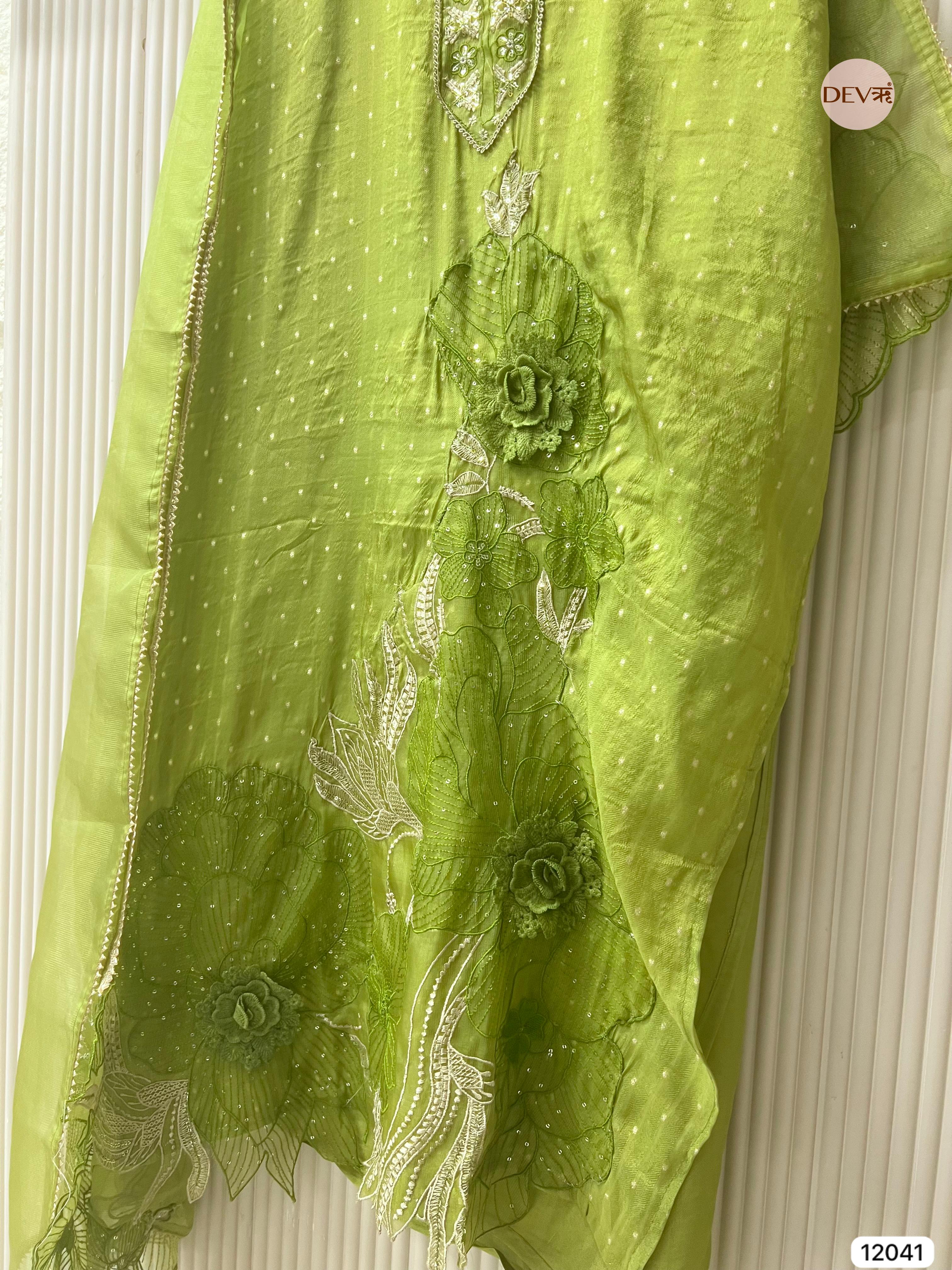 Green Tissue Shimmer Silk Unstitched Embroidered -Set Of 3 - {12041}