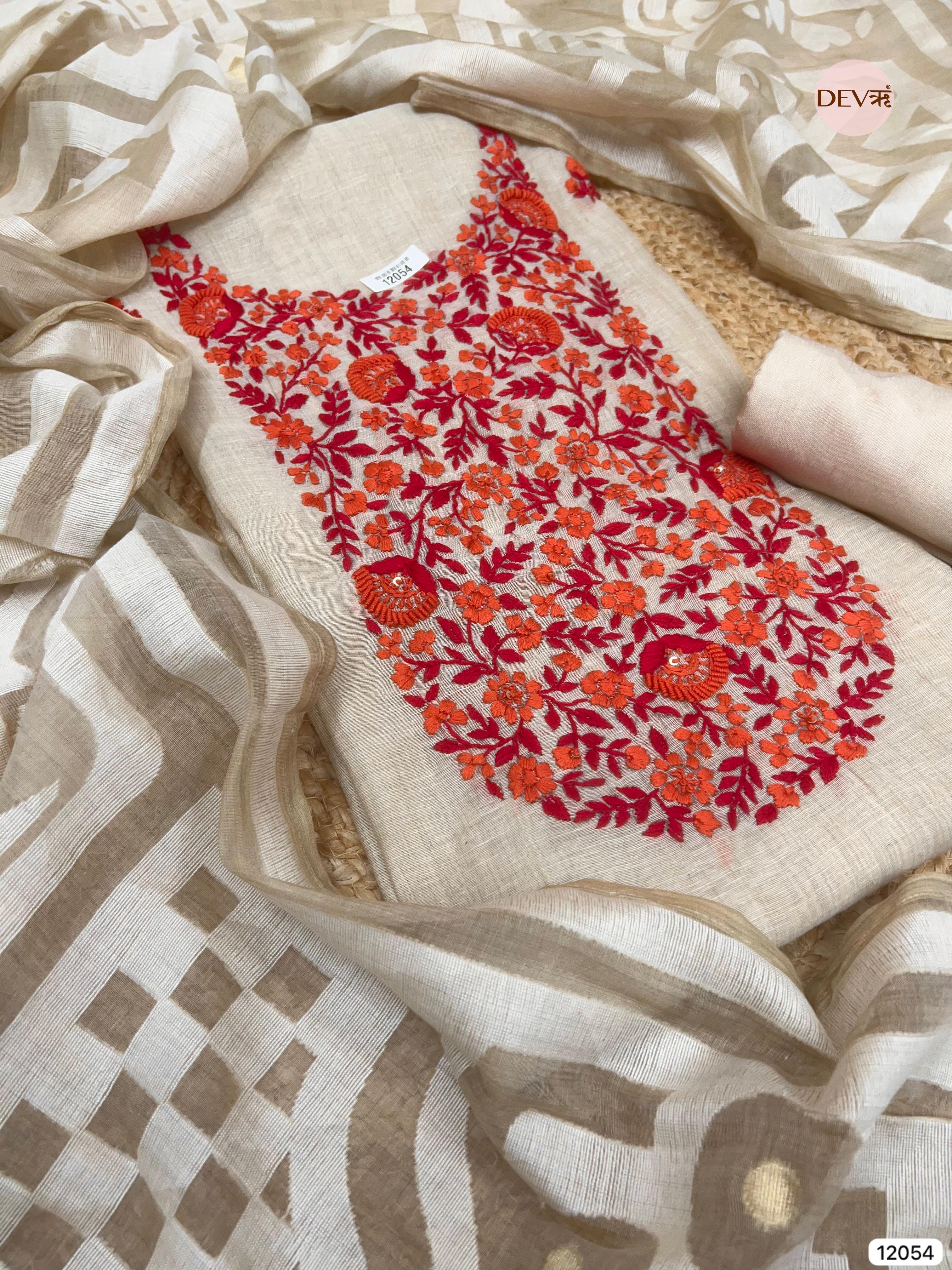 Cream Colour Pure Khadi Silk Unstitched Embroidered -Set Of 3 - {12054}