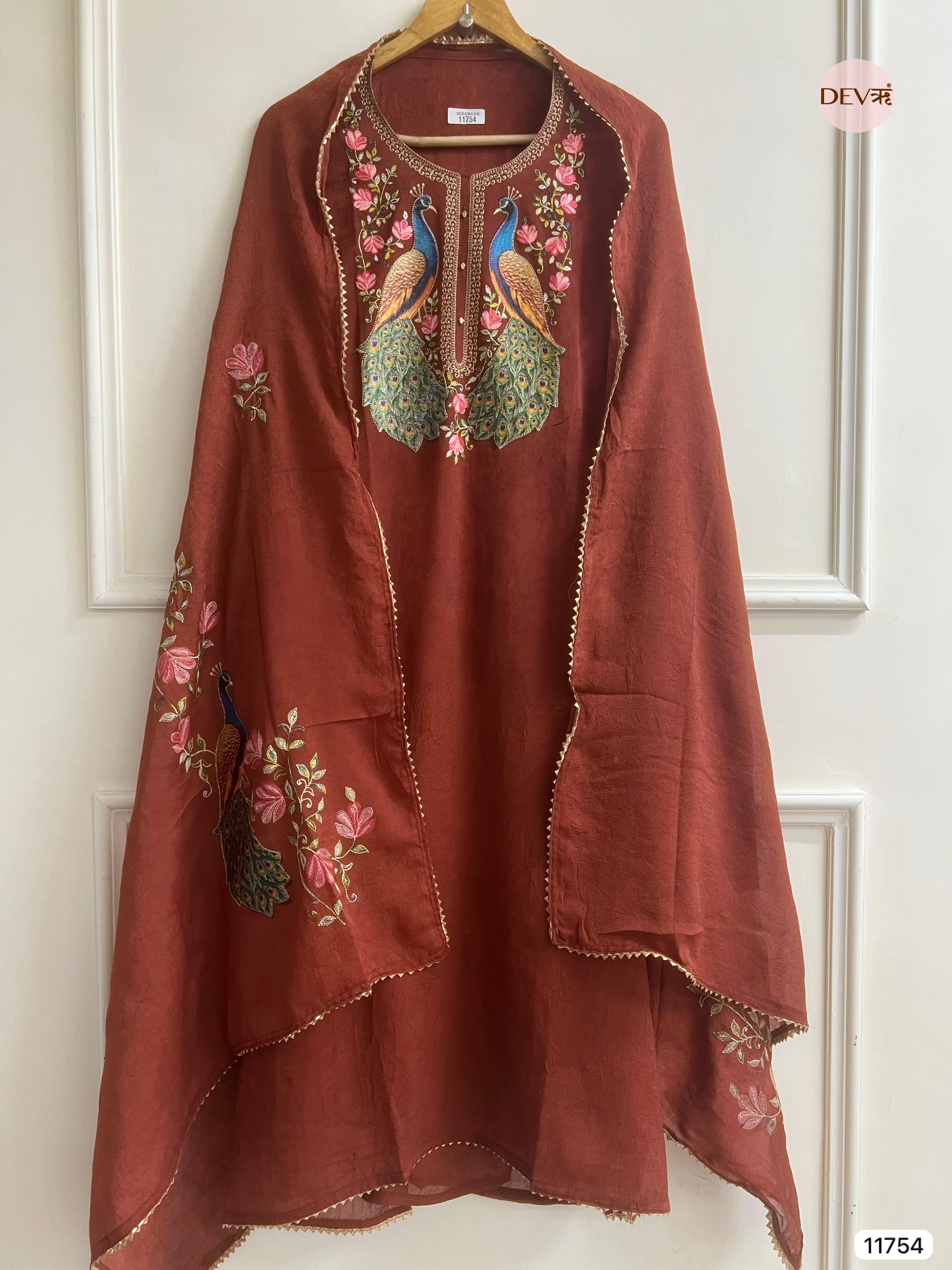 Maroon Russian Silk Unstitched Hand Applique Work Embroidered -Set Of 3 - {11754}
