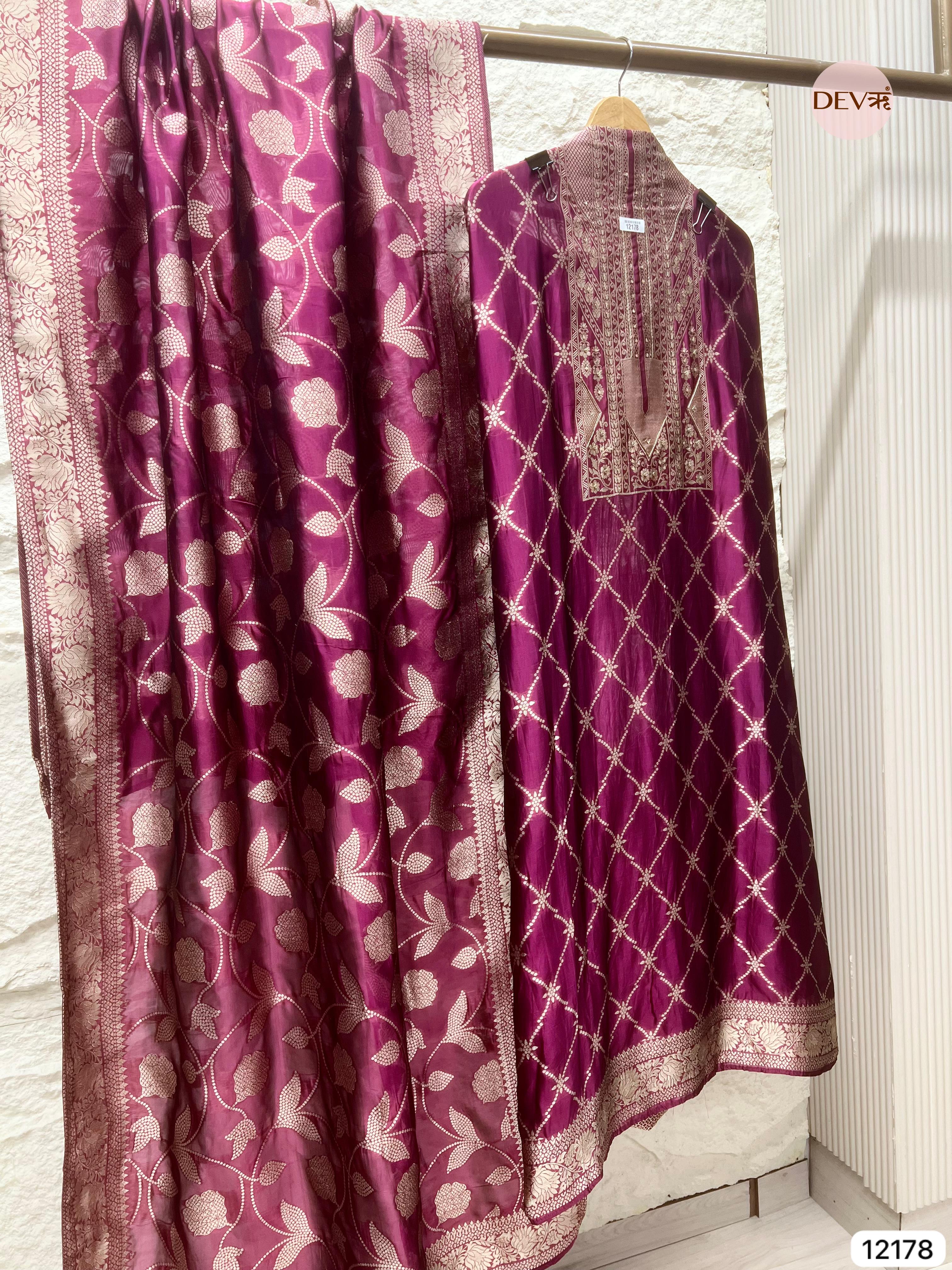 Magenta Pink Pure Banarasi Silk Unstitched Hand Embroidered-Set of 3 - {12178}