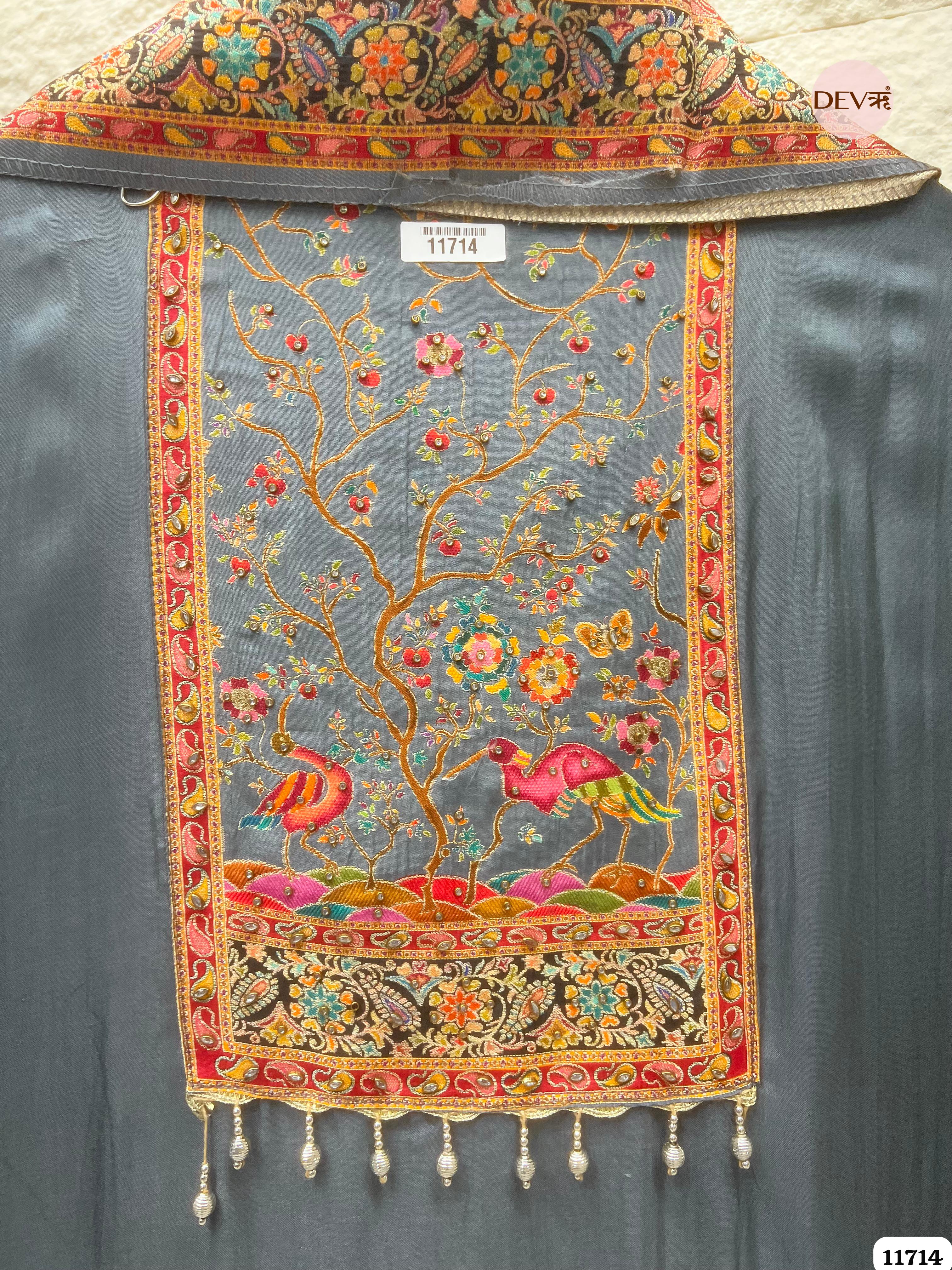Grey Dola Silk Unstitched Banarasi Woven Hand Embroidered -Set Of 3- {11714}