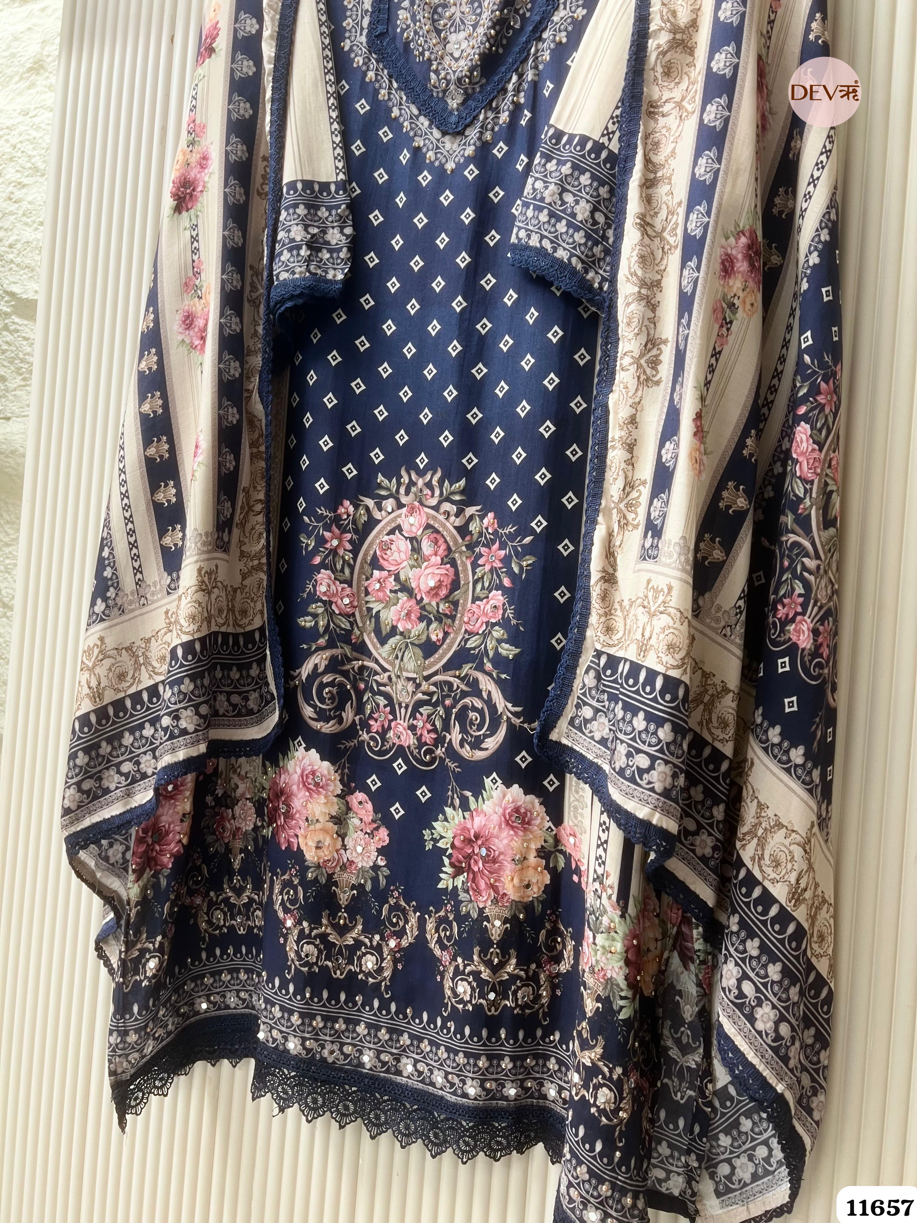 Navy Blue Muslin Printed Semi Stitched Hand Embroidered -Set Of 3 {11657}