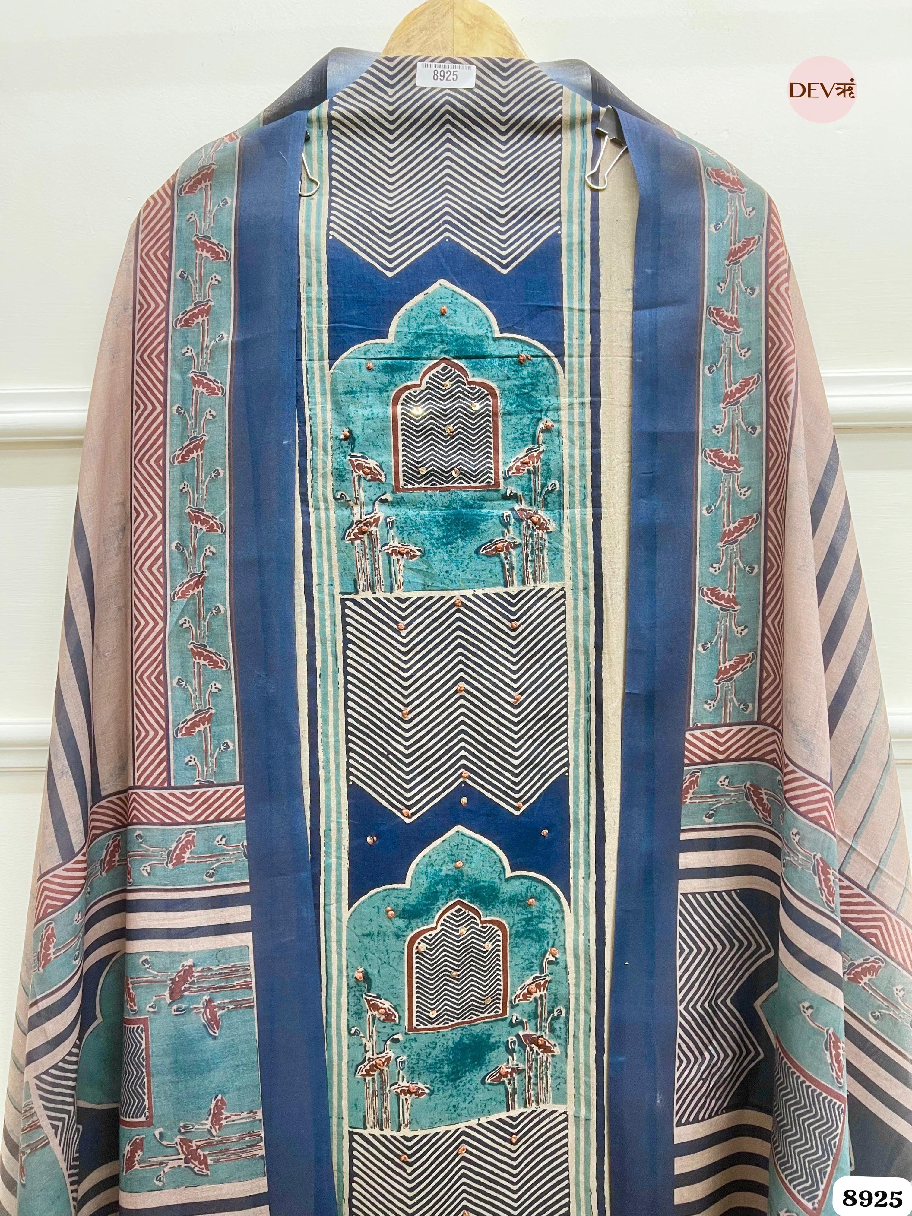 Blue Cotton Printed Unstitched Hand Embroidered -Set Of 3