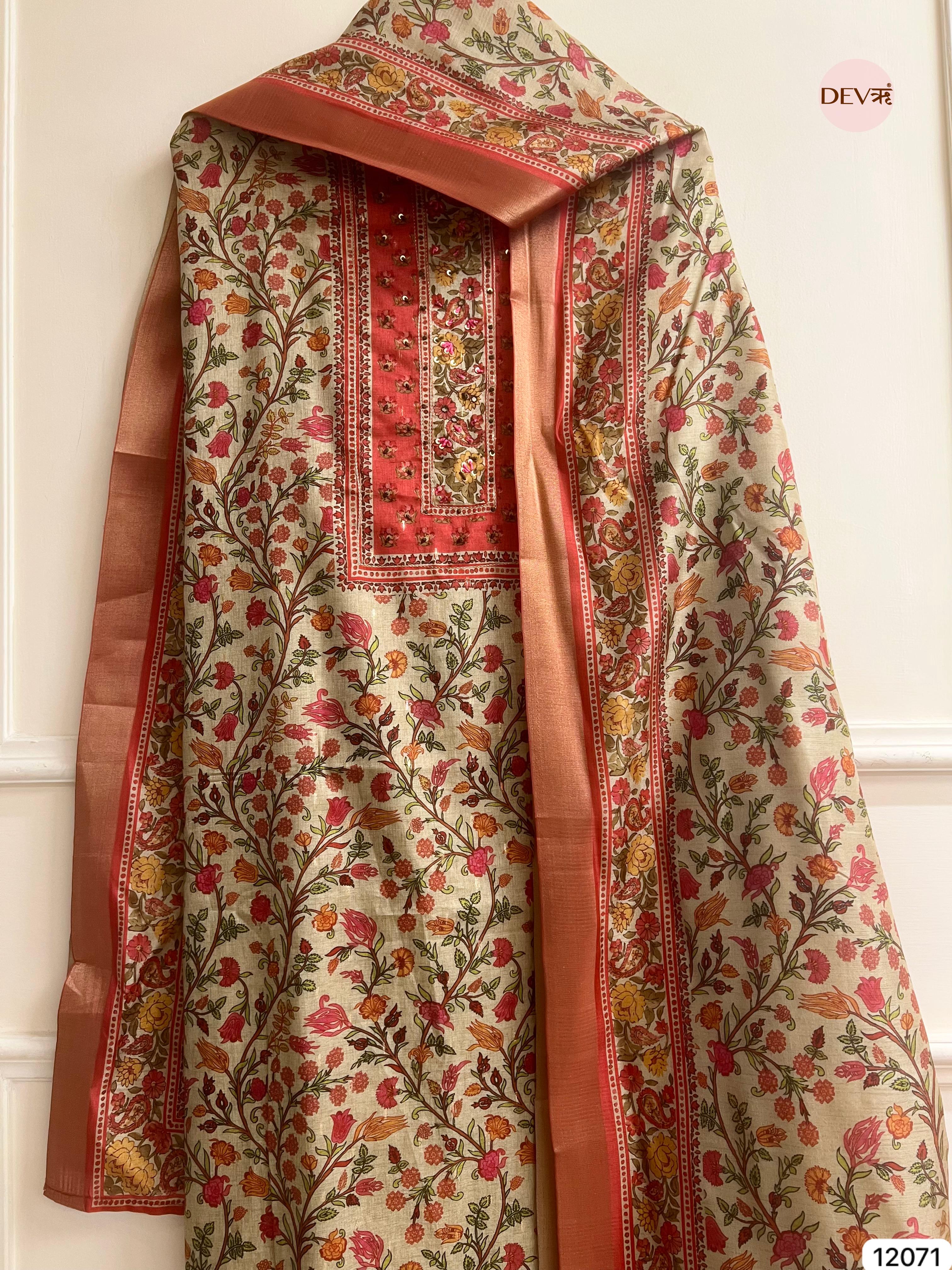 Multi Colour Tissue Khadi Silk Printed Unstitched Hand Embroidered -Set Of 3 - {12071}