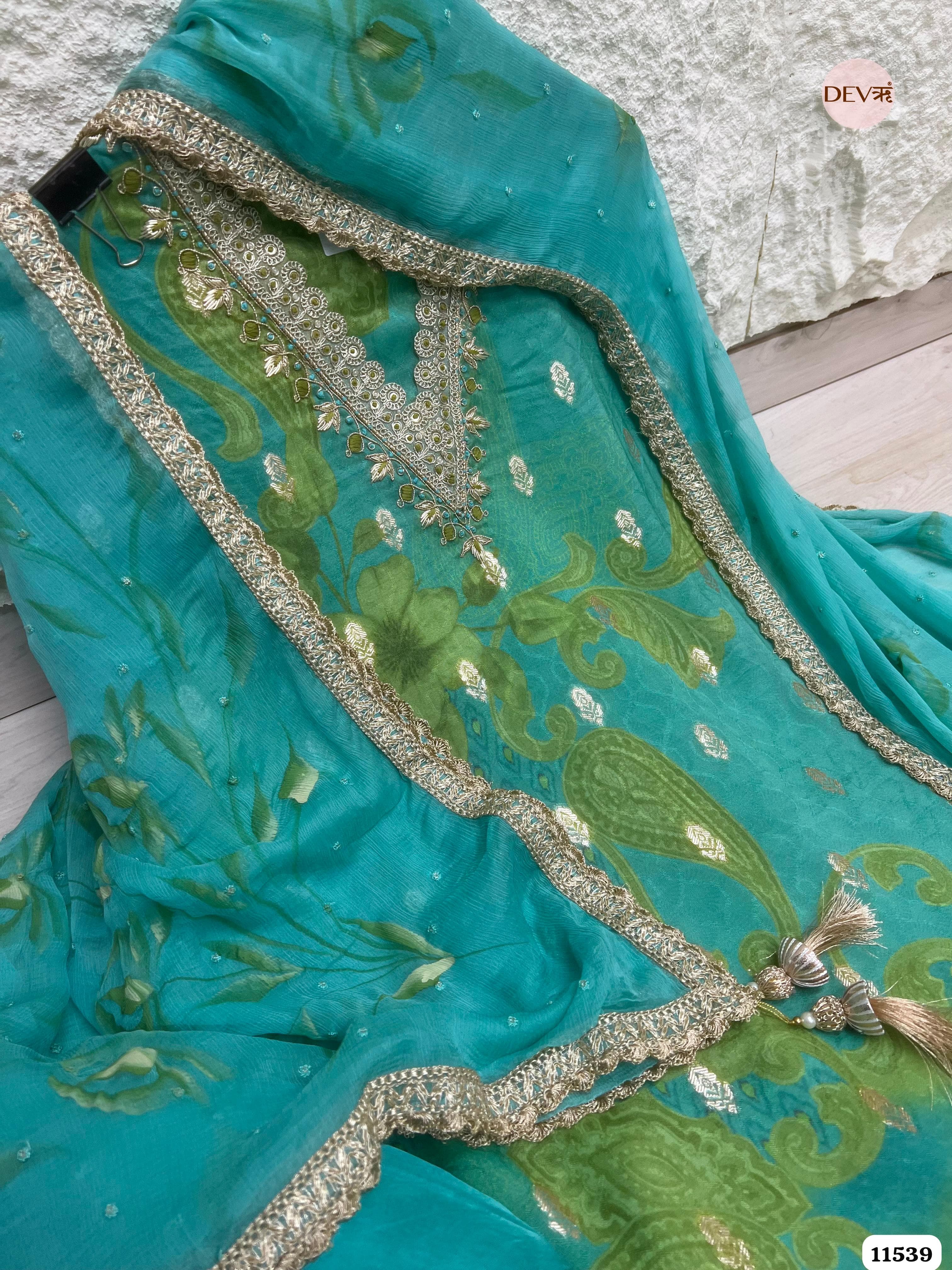 Green Pure Silk Unstitched Printed Hand Embroidered -Set Of 3 {11539}