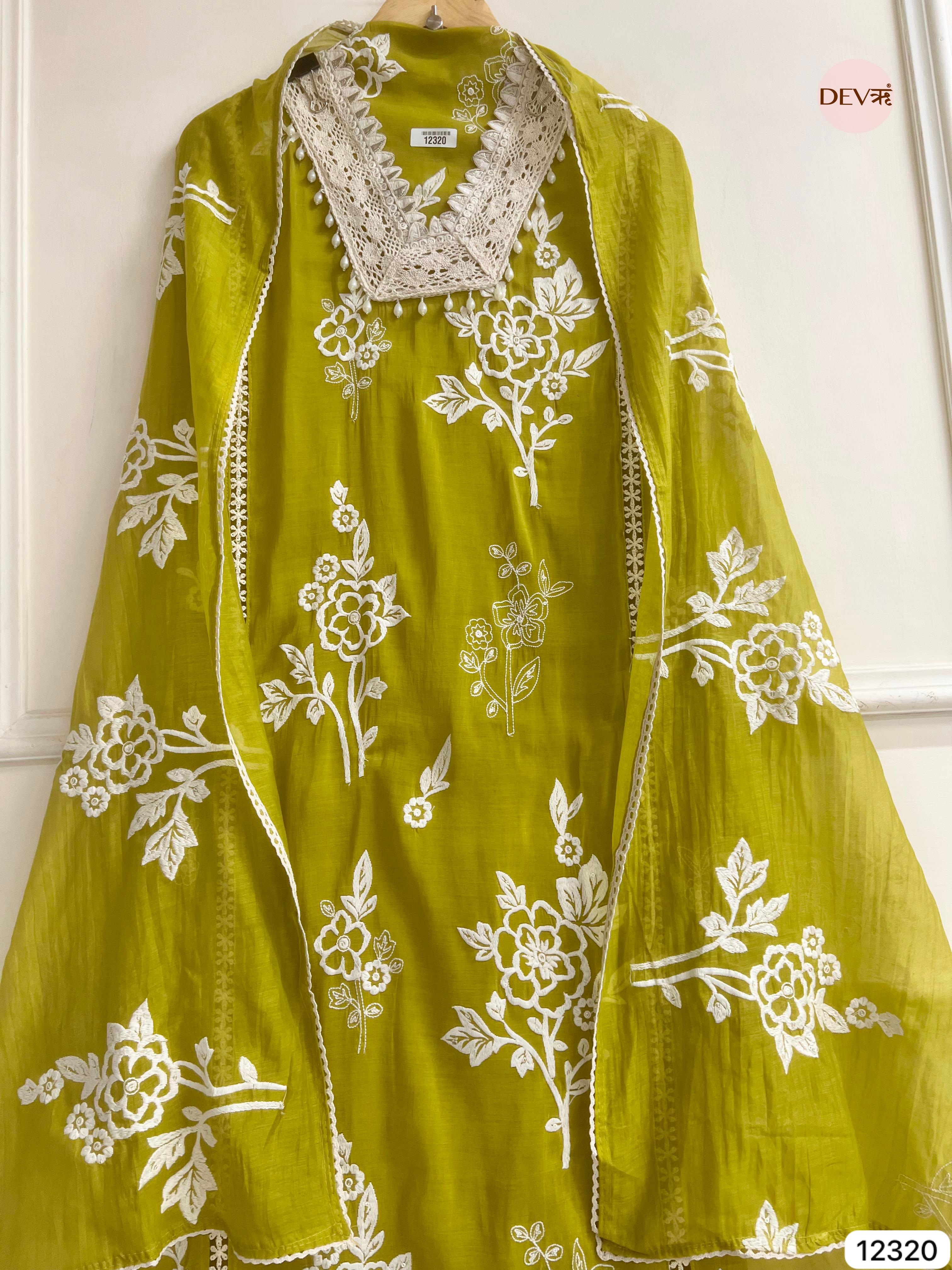Olive Green Mul Chanderi Embroidered Unstitched 3-Piece Suit (Devri – D.No 12320)
