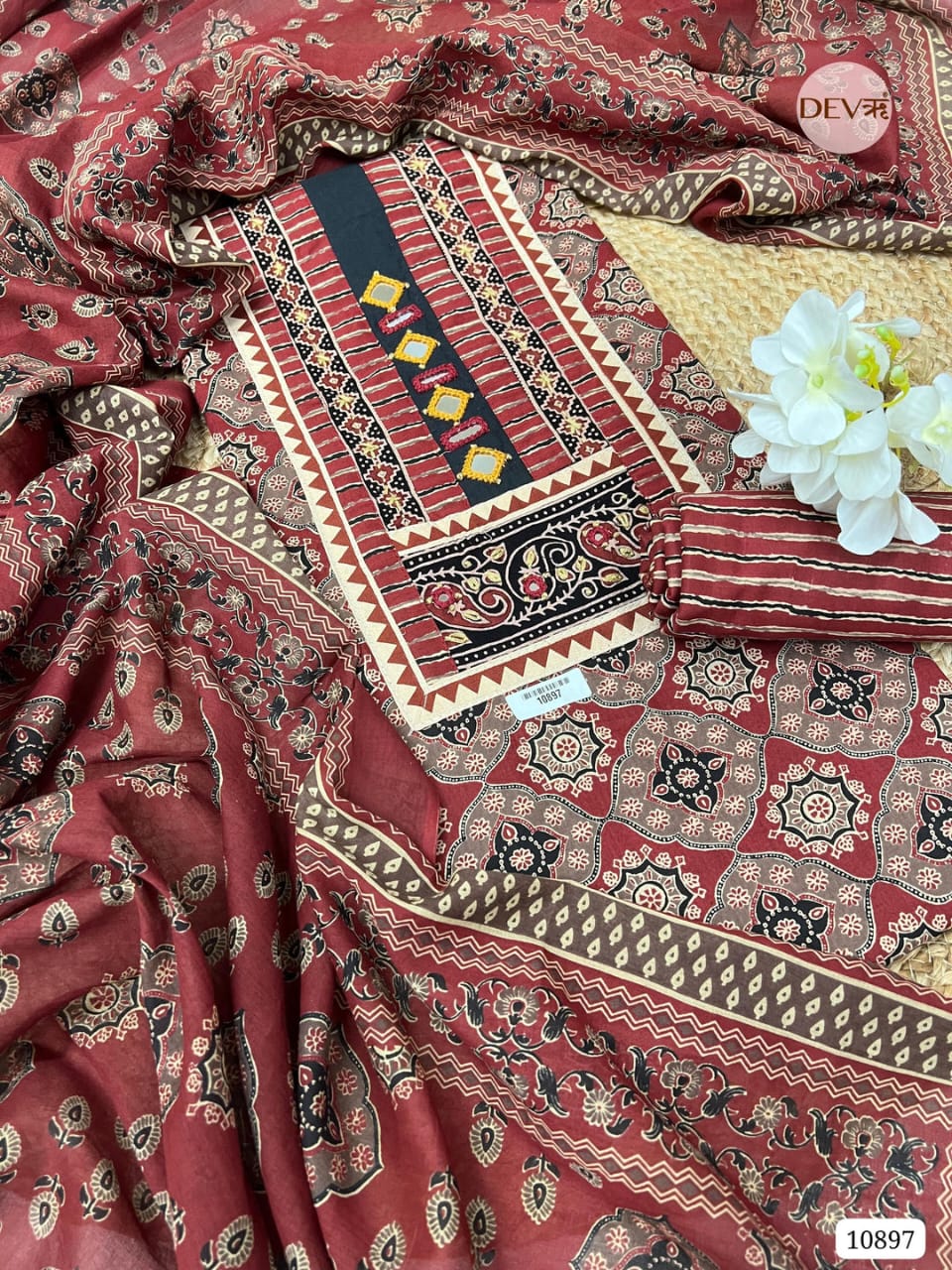 Maroon Pure Cotton Unstitched Printed Hand Embroidered -Set Of 3 {10897}