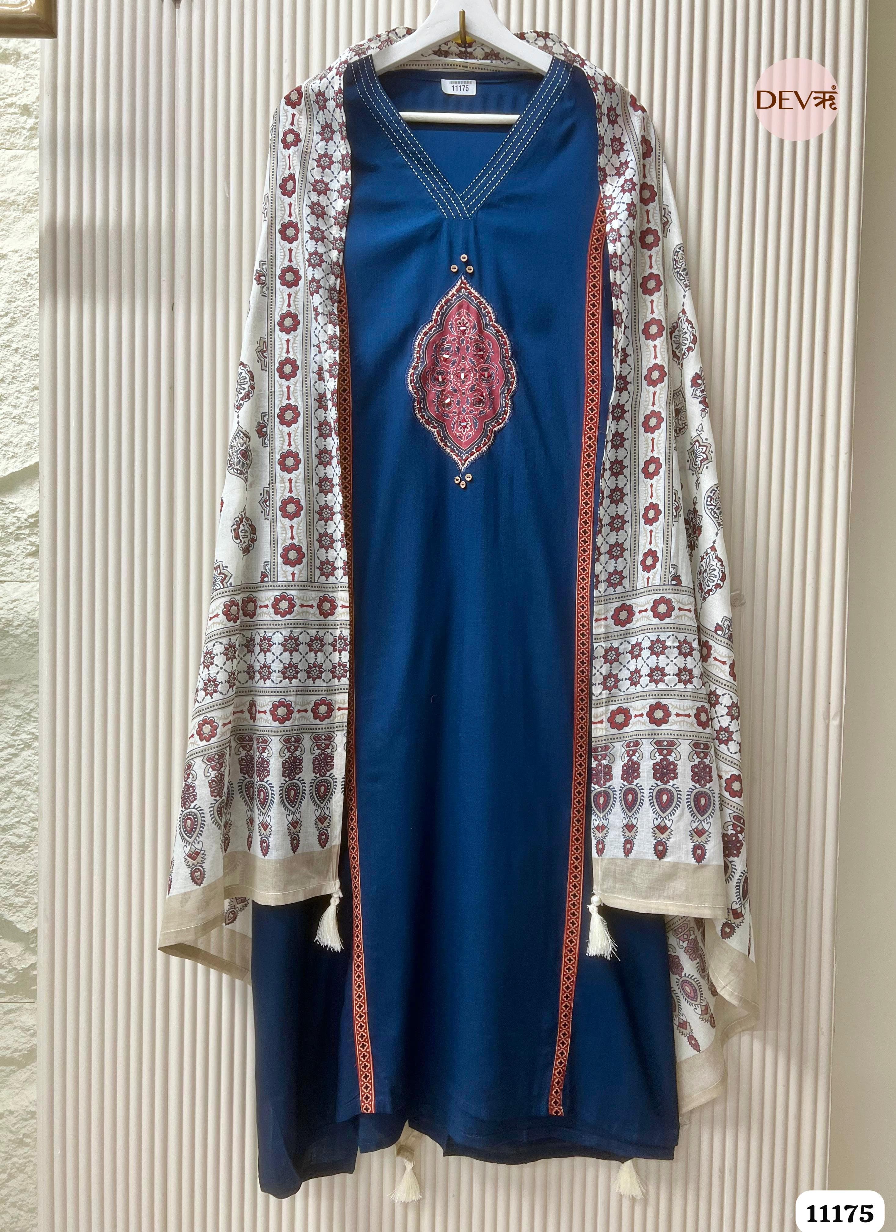Blue Slub Cotton Unstitched Hand Embroidered -Set Of 3 {11175}