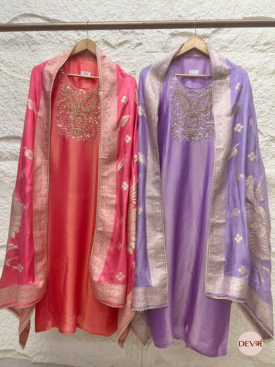 Lavender Tissue Shimmer Silk Embroidered Unstitched 3-Piece Suit (Devri – D.No 12246)