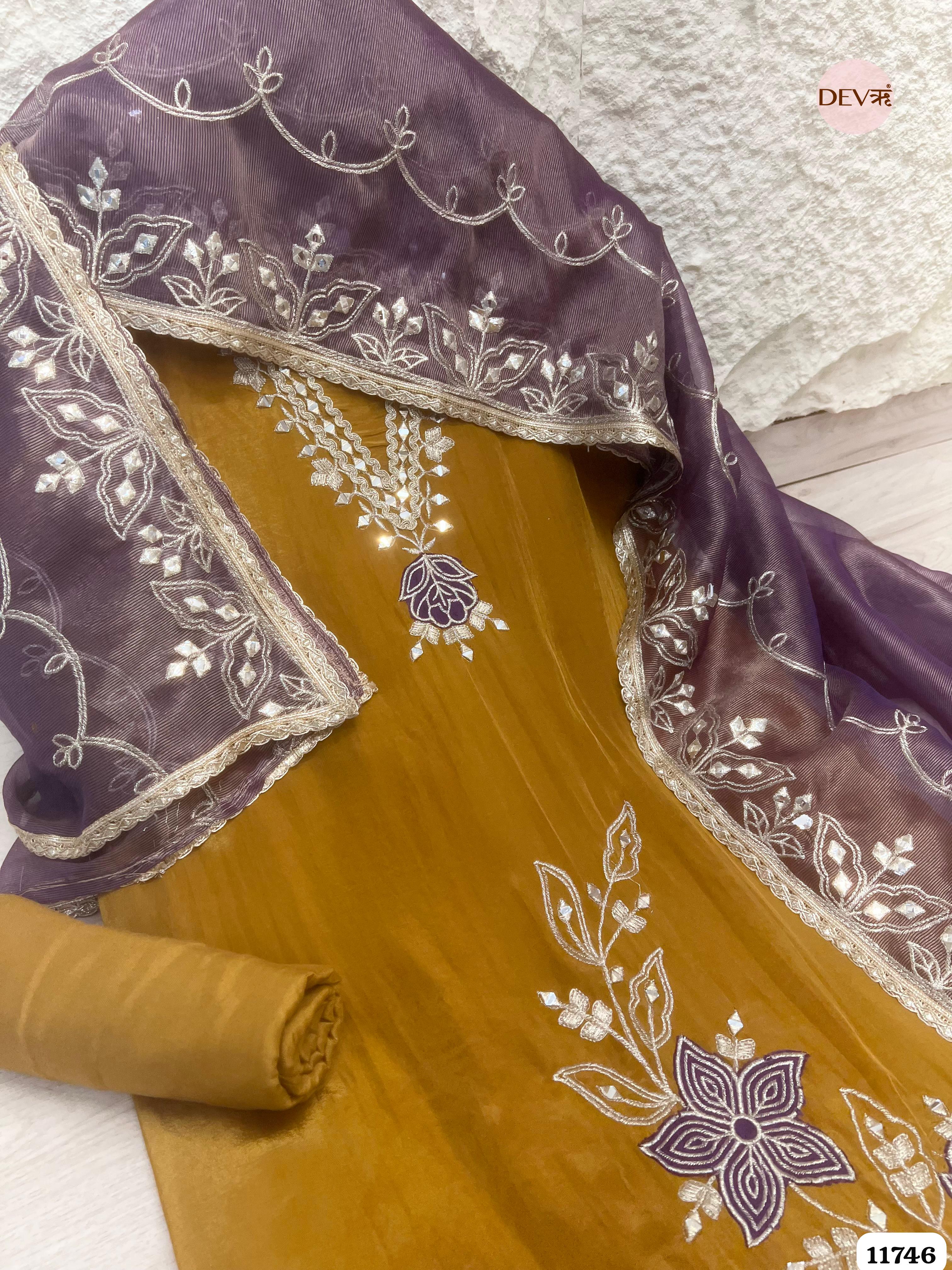 Golden Tissue Glass Silk Unstitched Hand Embroidered -Set Of 3 {11746}