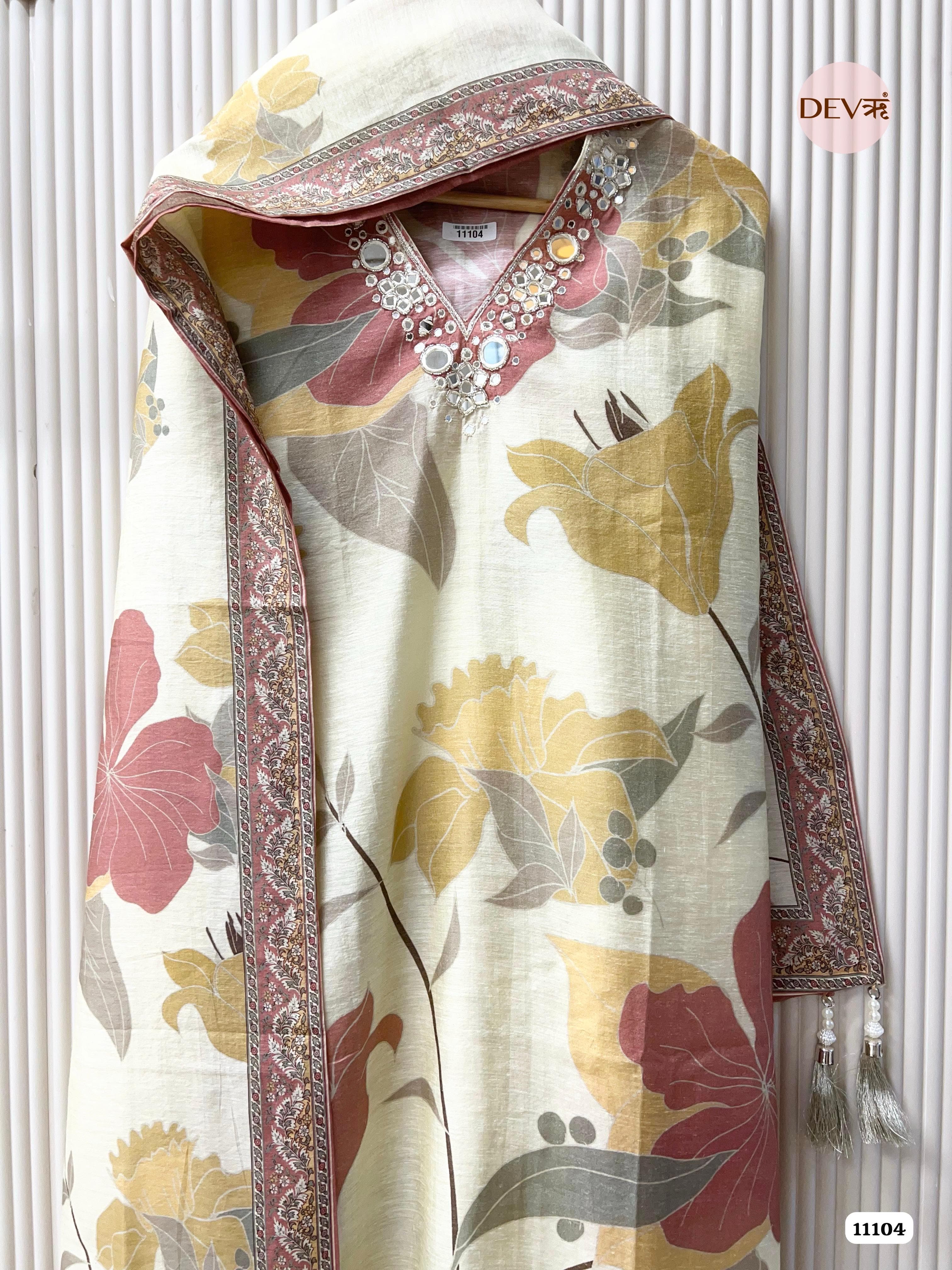 Creamy White Mul Chanderi Printed Unstitched Hand Embidered -Set Of 3 {11104}