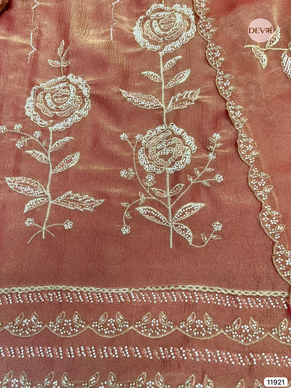 Rust Pure Tissue Crush Unstitched Hand Embroidered -Set Of 3 - {11921}