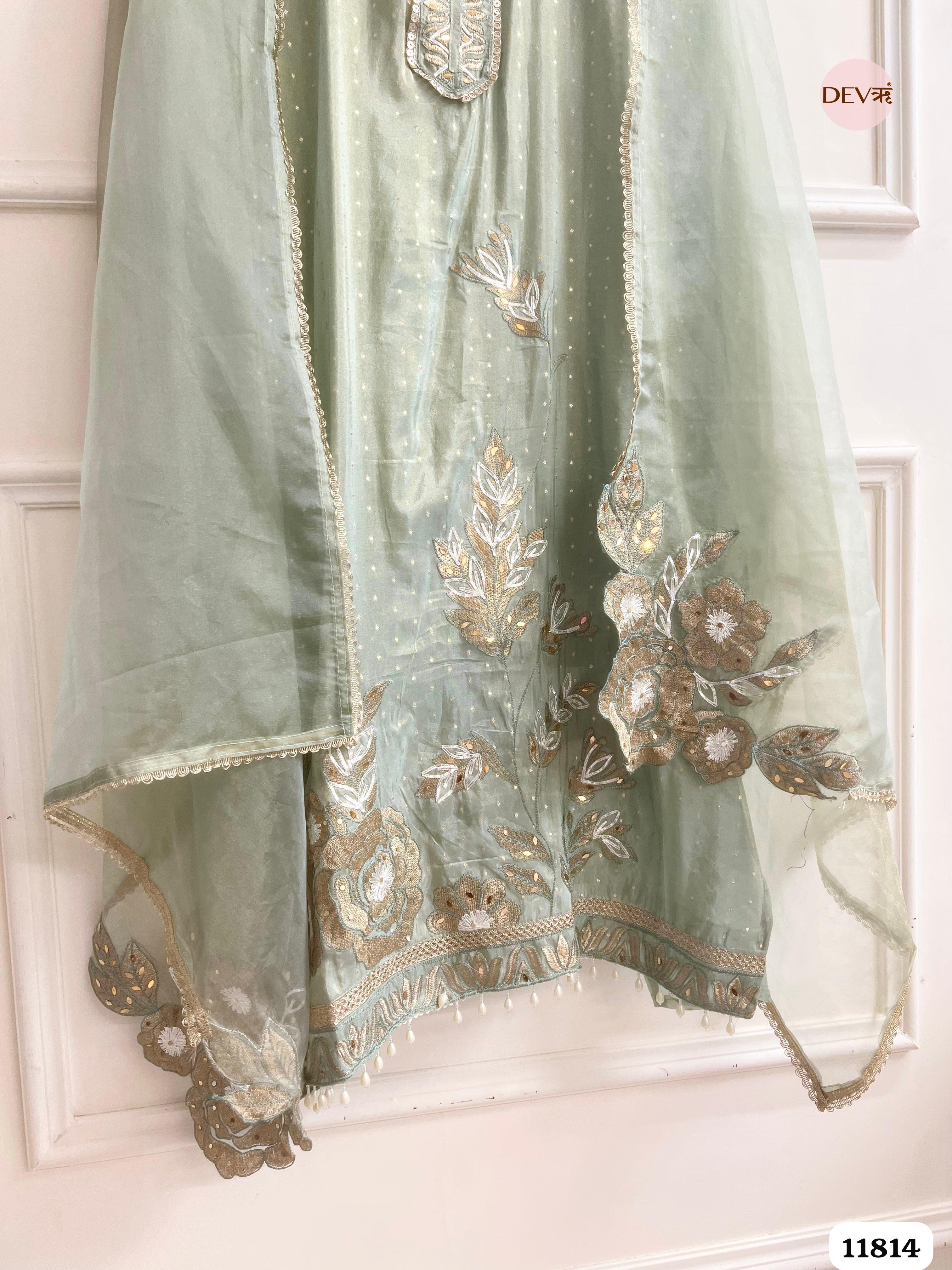 Green Tissue Silk Unstitched Embroidered -Set Of 3 {11814}