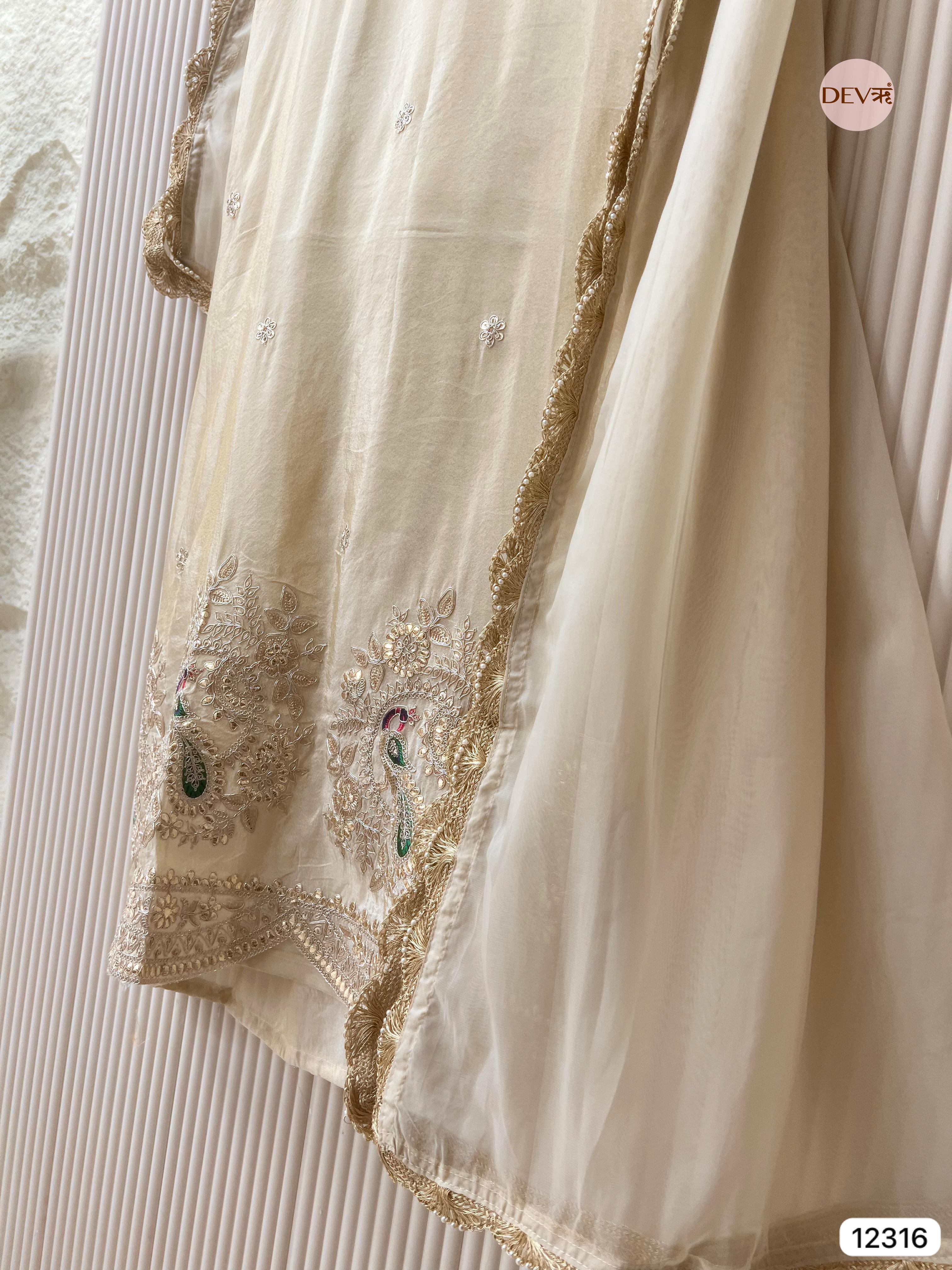 Ivory Shimmer Silk Embroidered Unstitched 3-Piece Suit (Devri – D.No 12316)