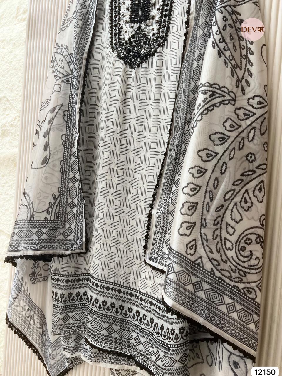 Black & White Pure Organza Unstitched Printed Hand Embroidered -Set Of 3 - {12150}