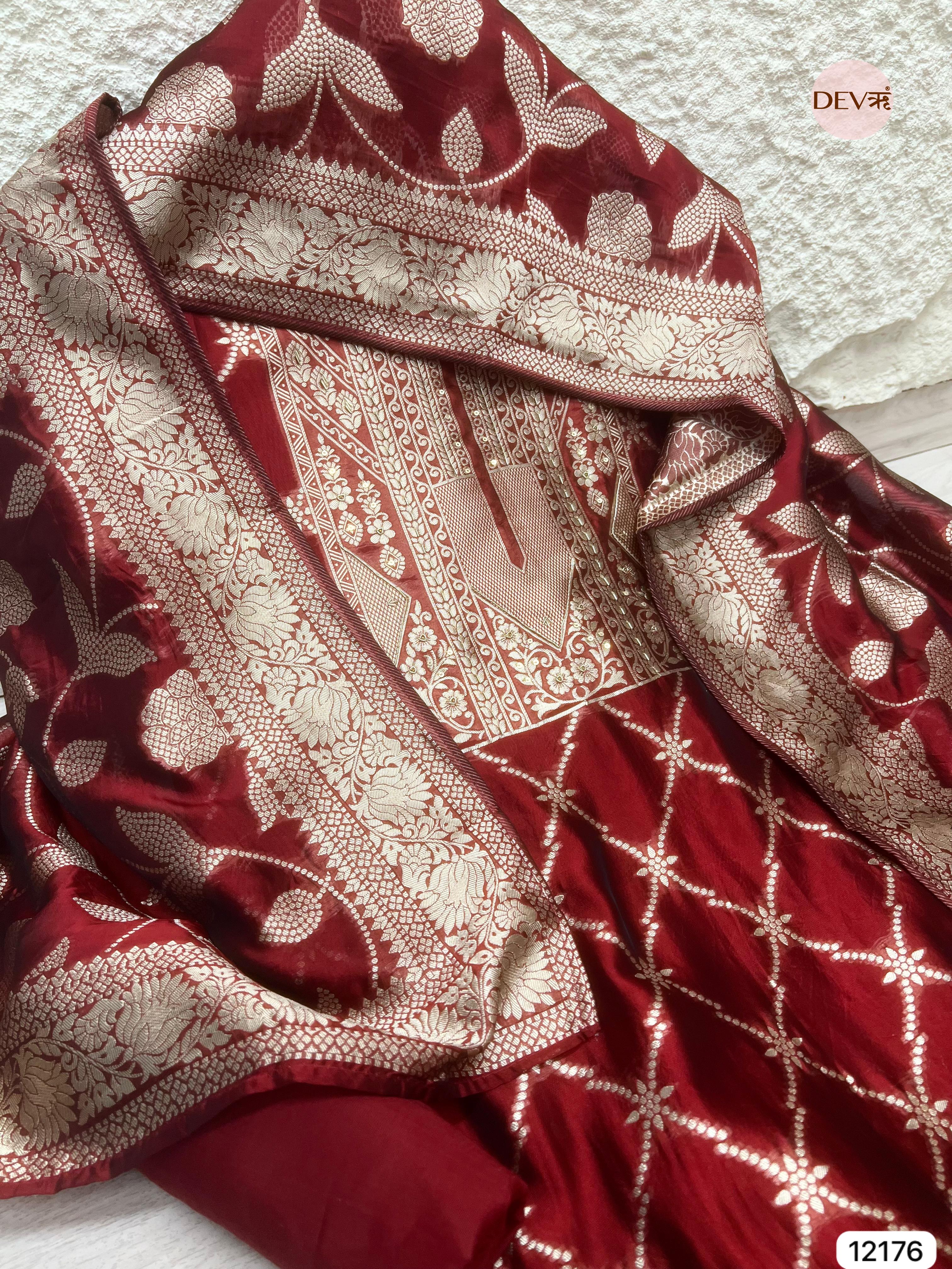 Red Pure Banarasi Silk Unstitched Hand Embroidered-Set of 3- {12176}