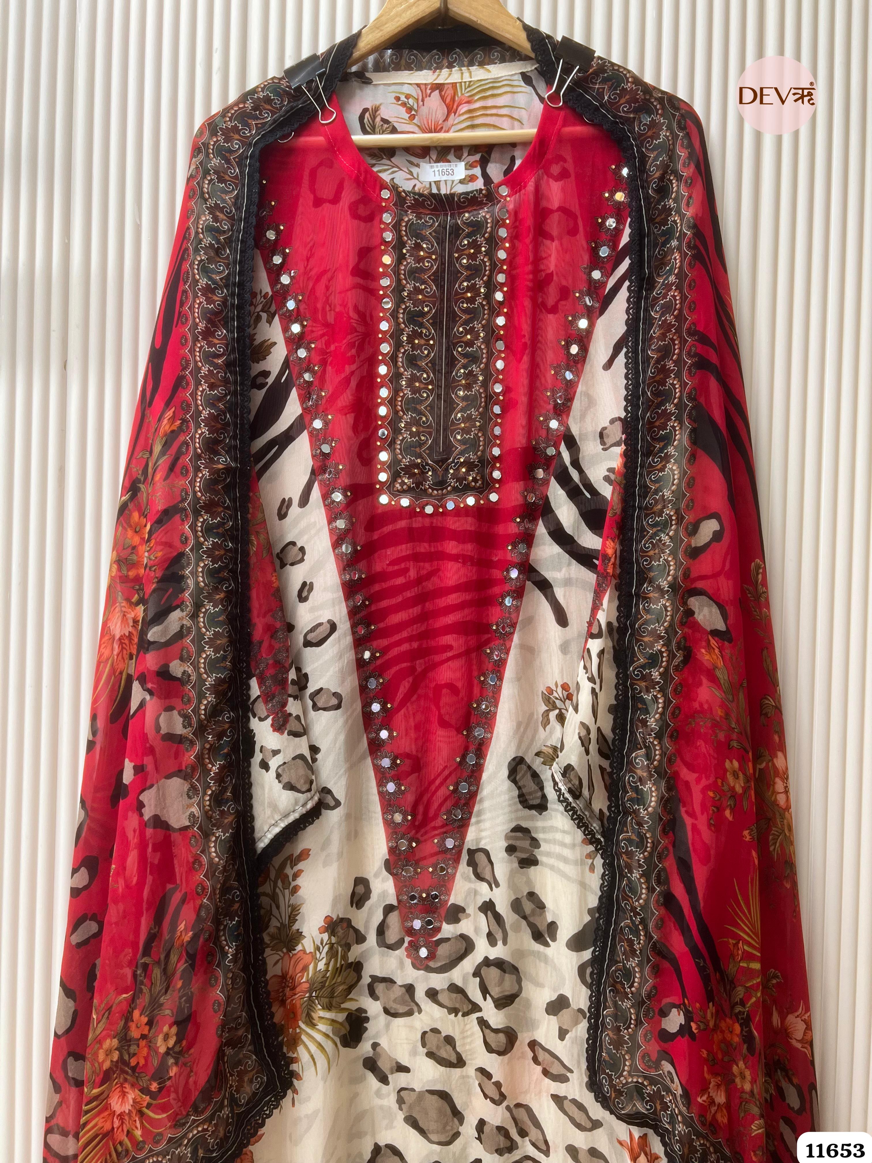 Red Organza Printed Semi Stitched Hand Embroidered -Set Of 3 {11653}