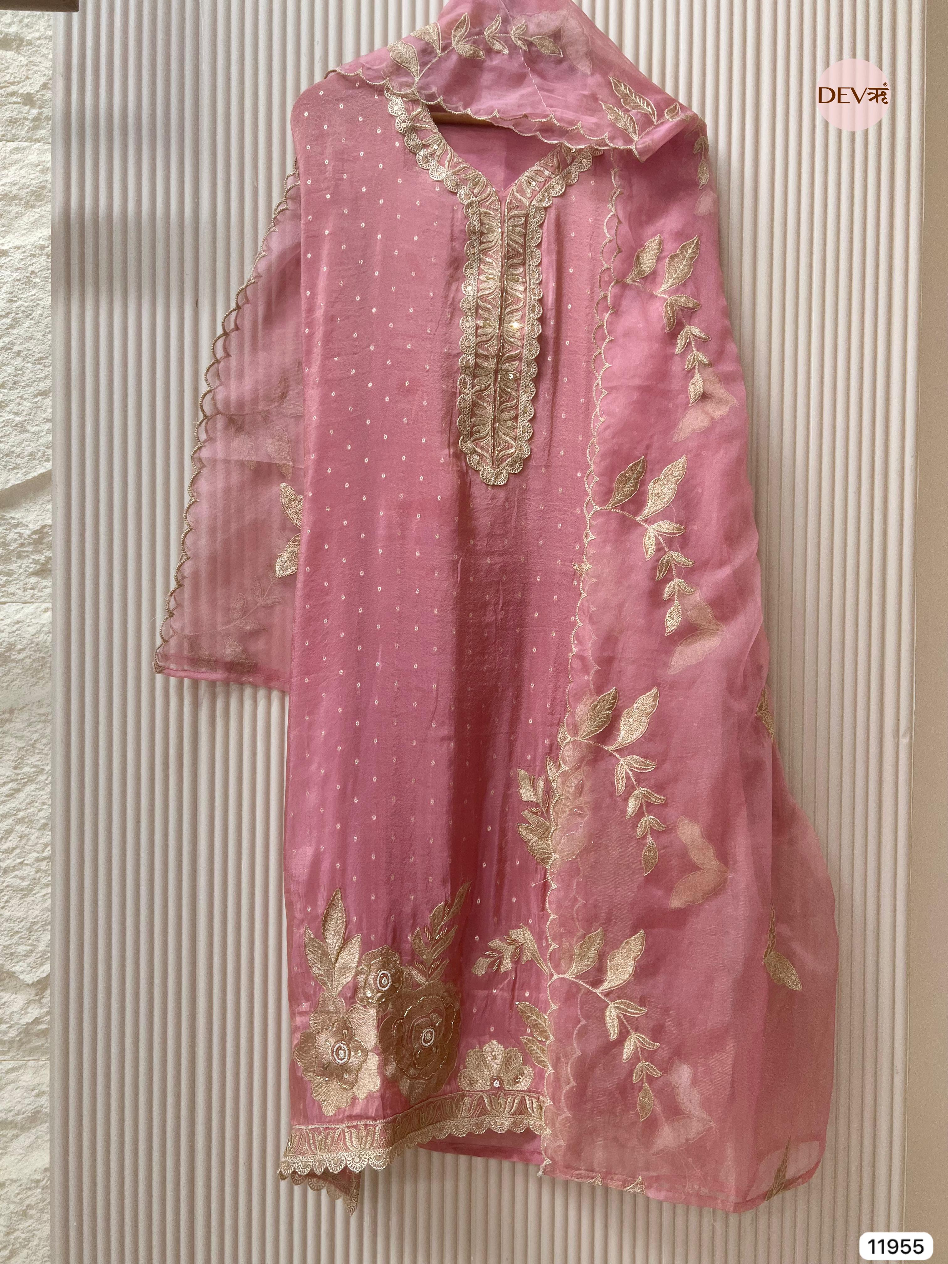 Pink Tissue Silk Unstitched Banarasi Weave Embroidered -Set Of 3 - {11955}