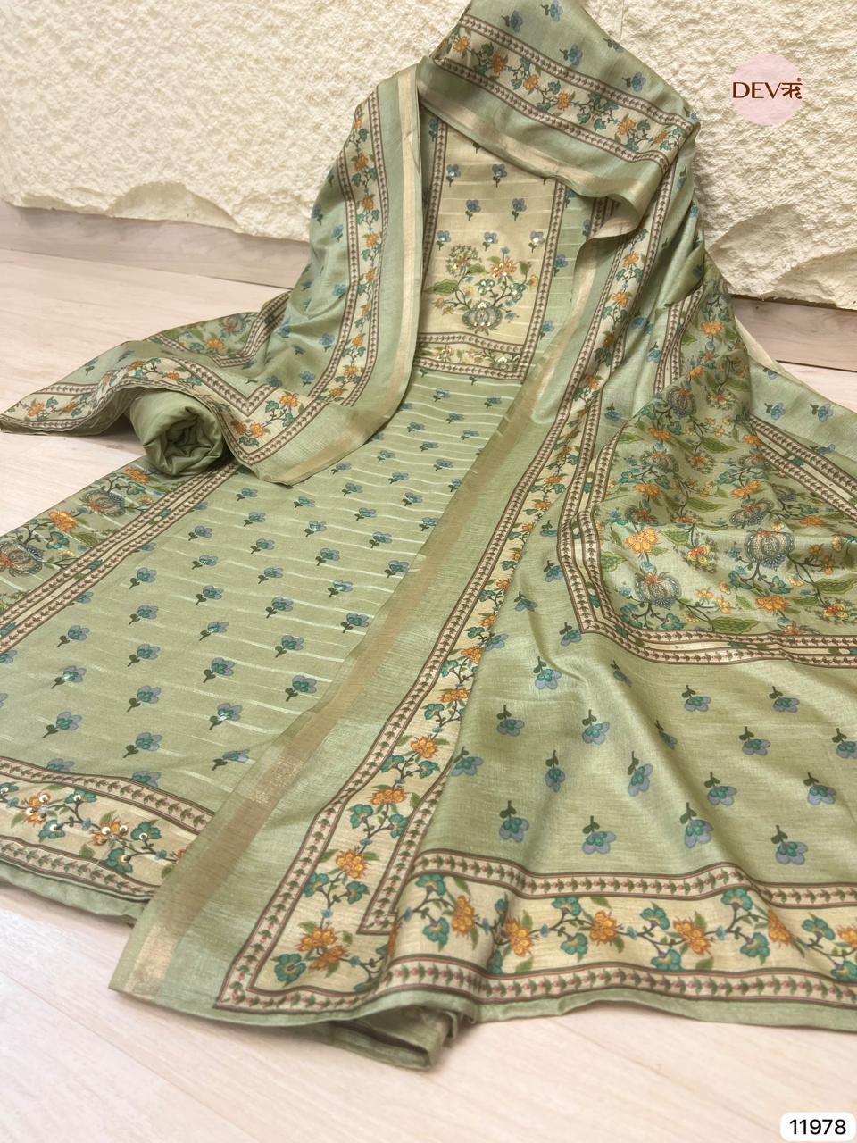 Sage Green Tusser Silk Hand-Embroidered Unstitched 3-Piece Suit (Devri – D.No 11978)