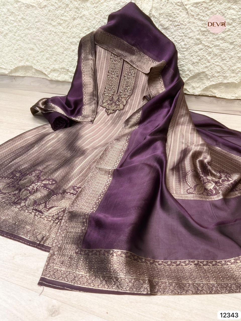 Deep Plum Pure Banarasi Silk Woven Unstitched 3-Piece Suit (Devri – D.No 12343)