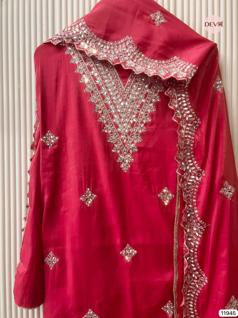 Red Modal Silk Unstitched Hand Embroidered -Set Of 3 - {11945}