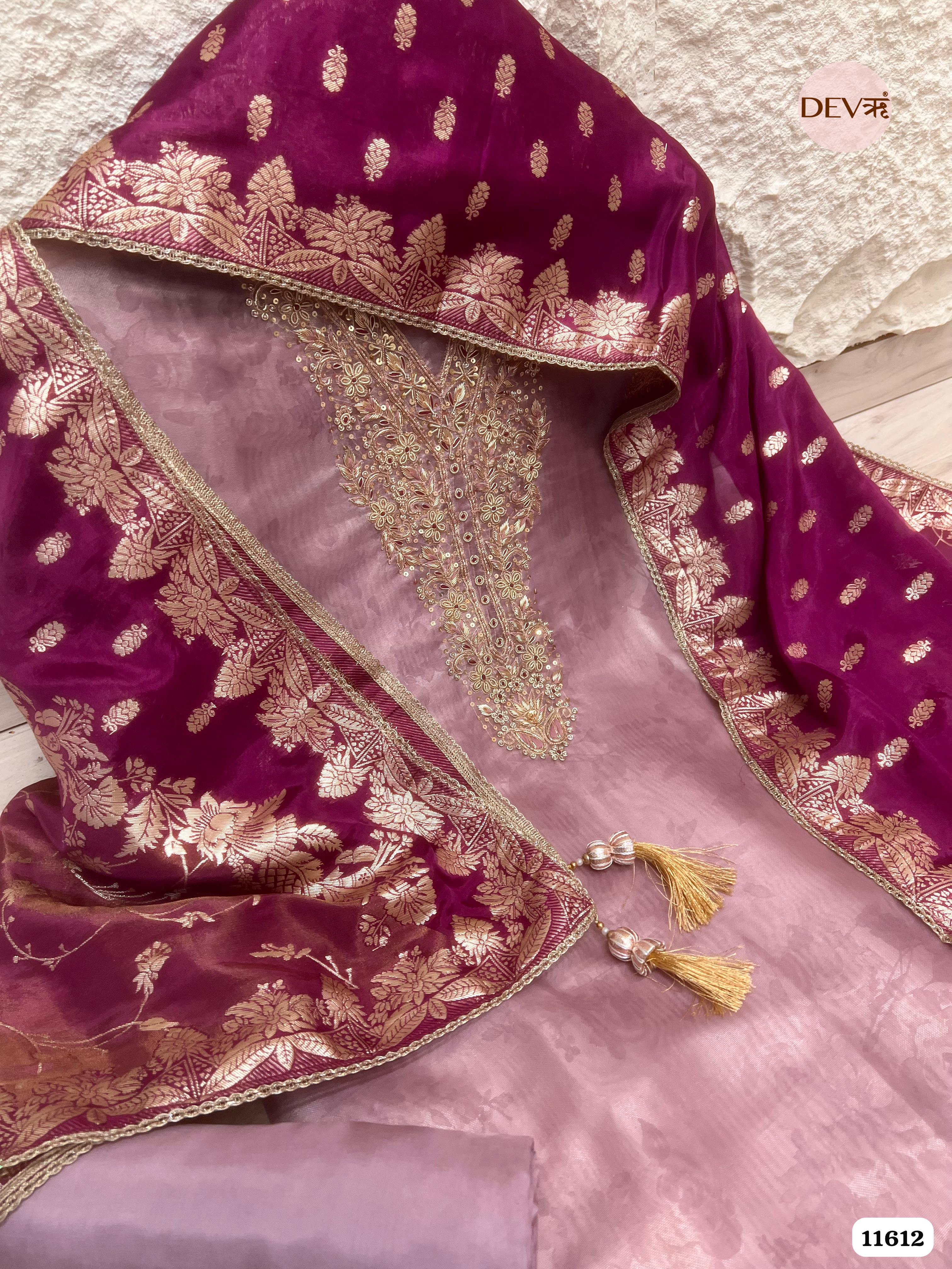 Light Purple Pure Tissue Organza Printed Unstitched Hand Embroidered -Set Of 3 {11612}