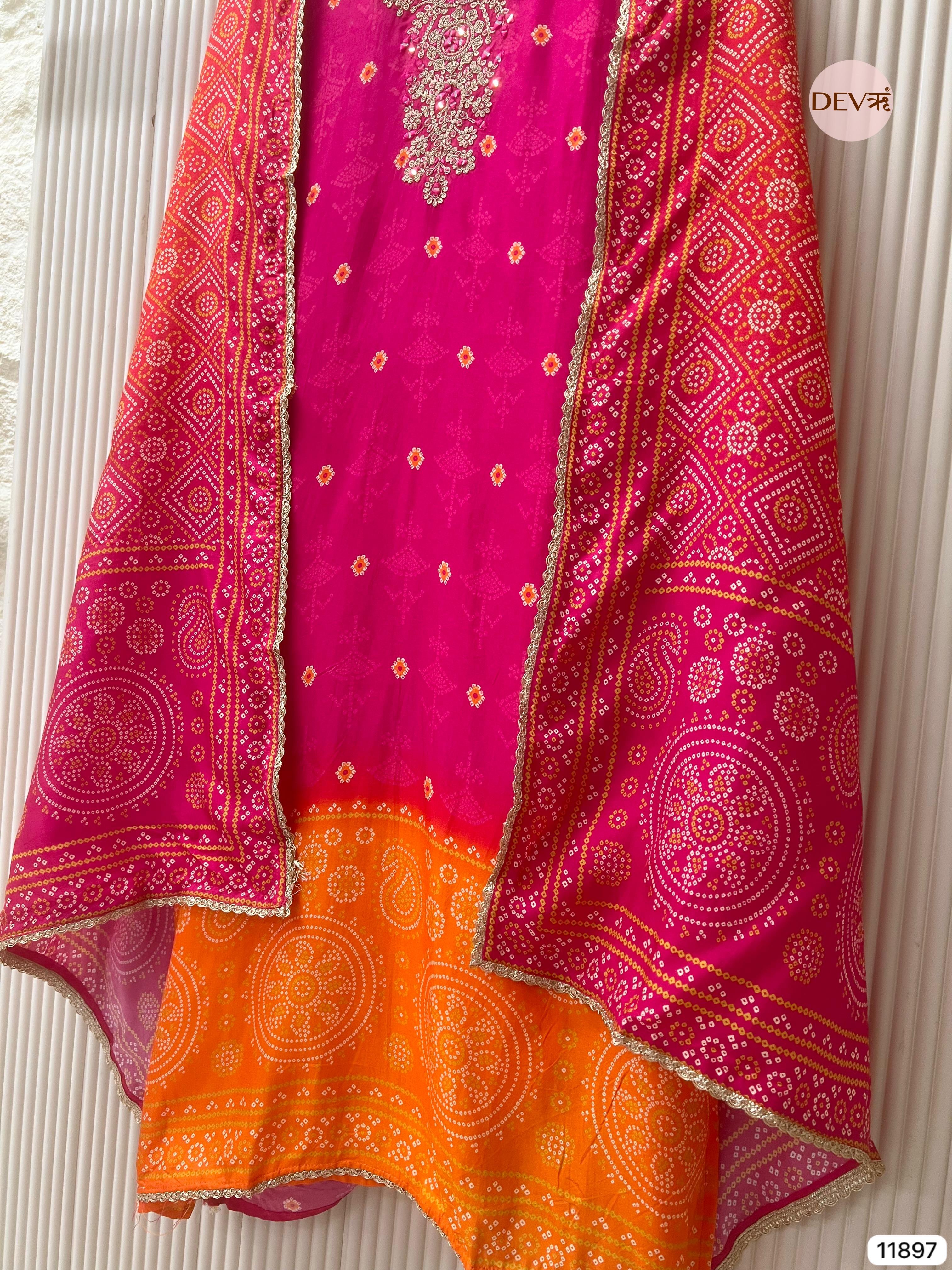 Pink Russian Silk Semi Stitched Printed Hand Embroidered -Set Of 3 - {11897}