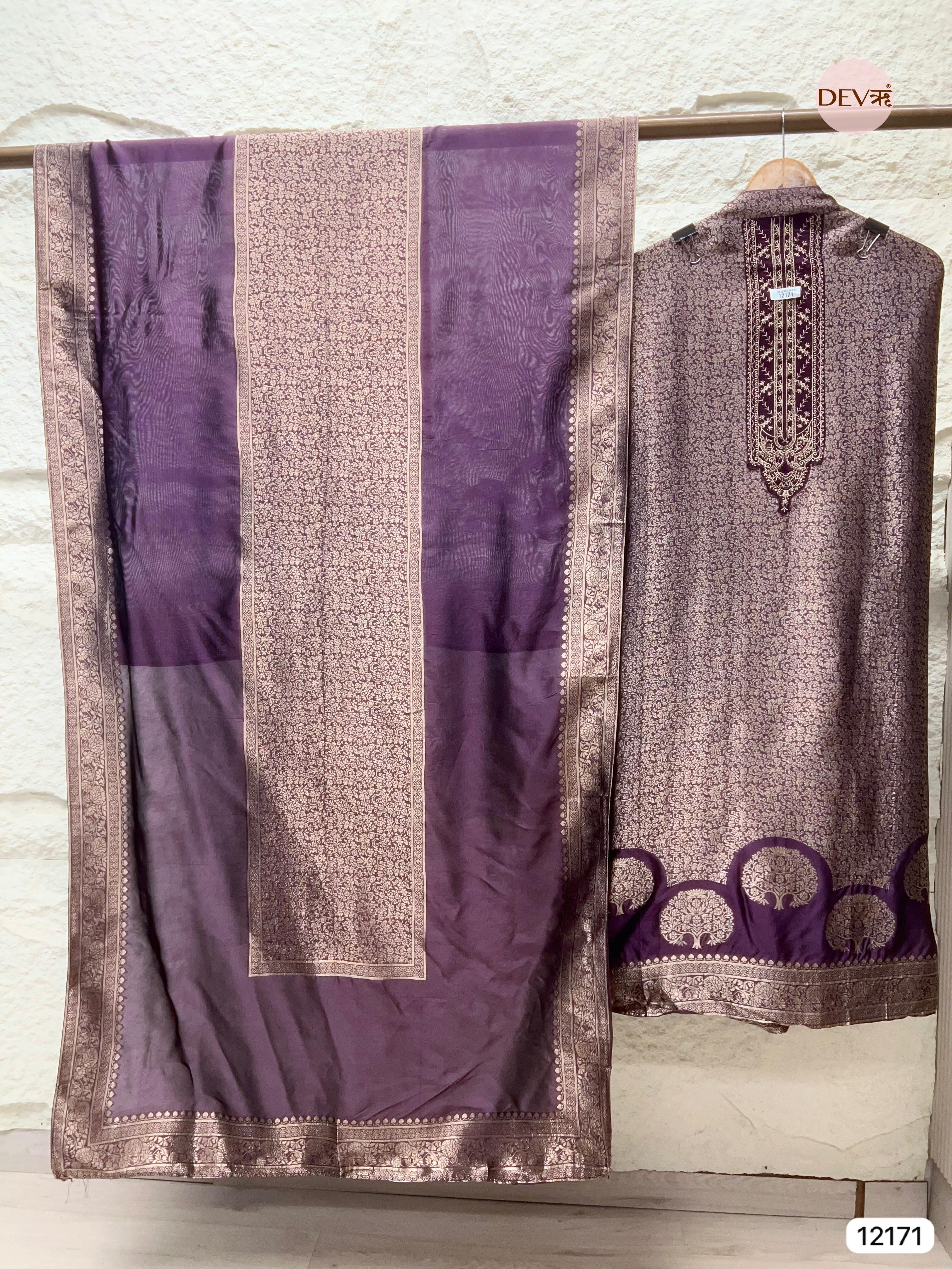 Purple Pure Banarasi silk Unstitched Hand Embroidered -Set Of 3 - {12171}