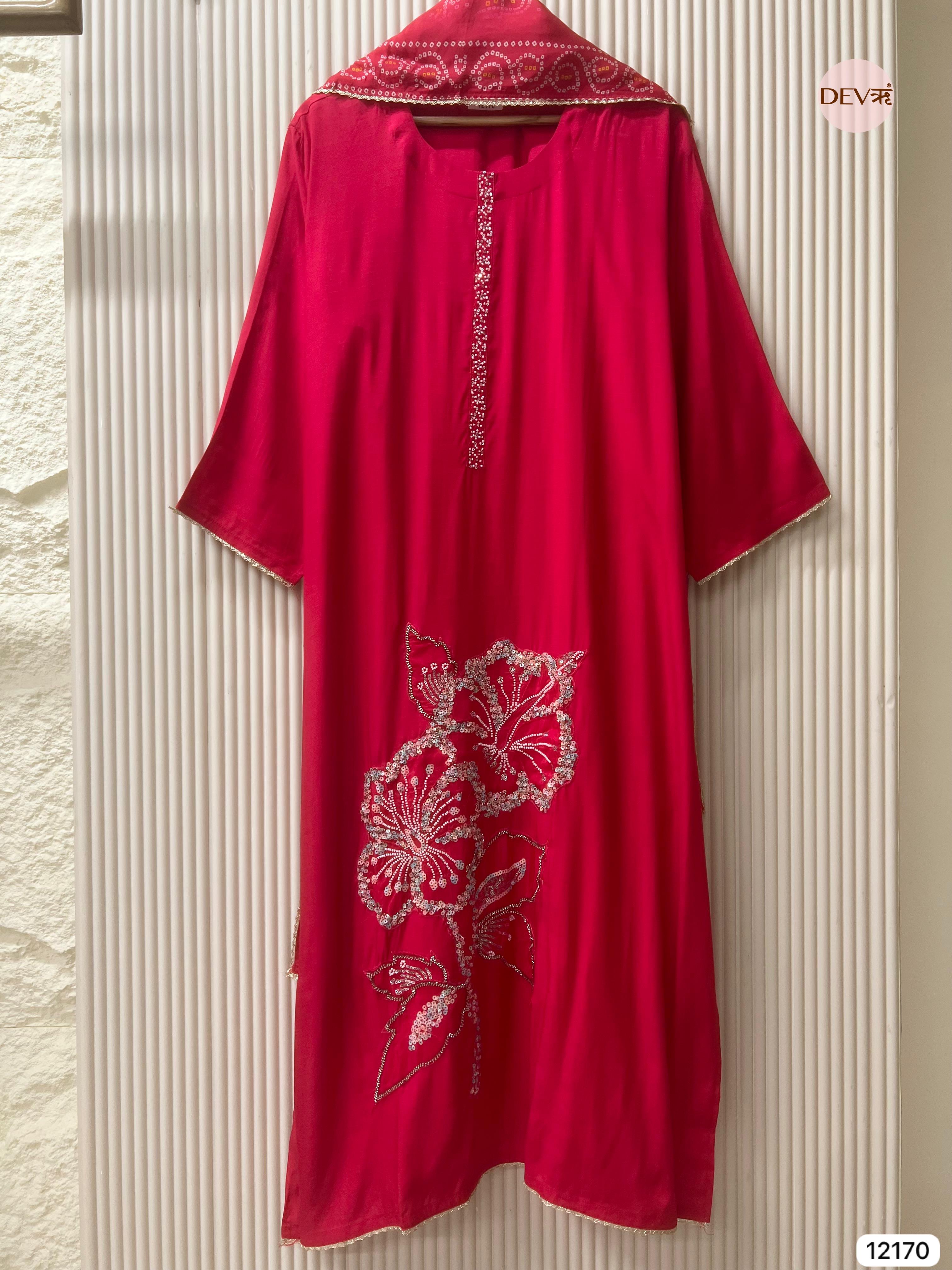 Red Pure Russian Silk Semi stitched Hand Embroidered -Set Of 3 - {12170}